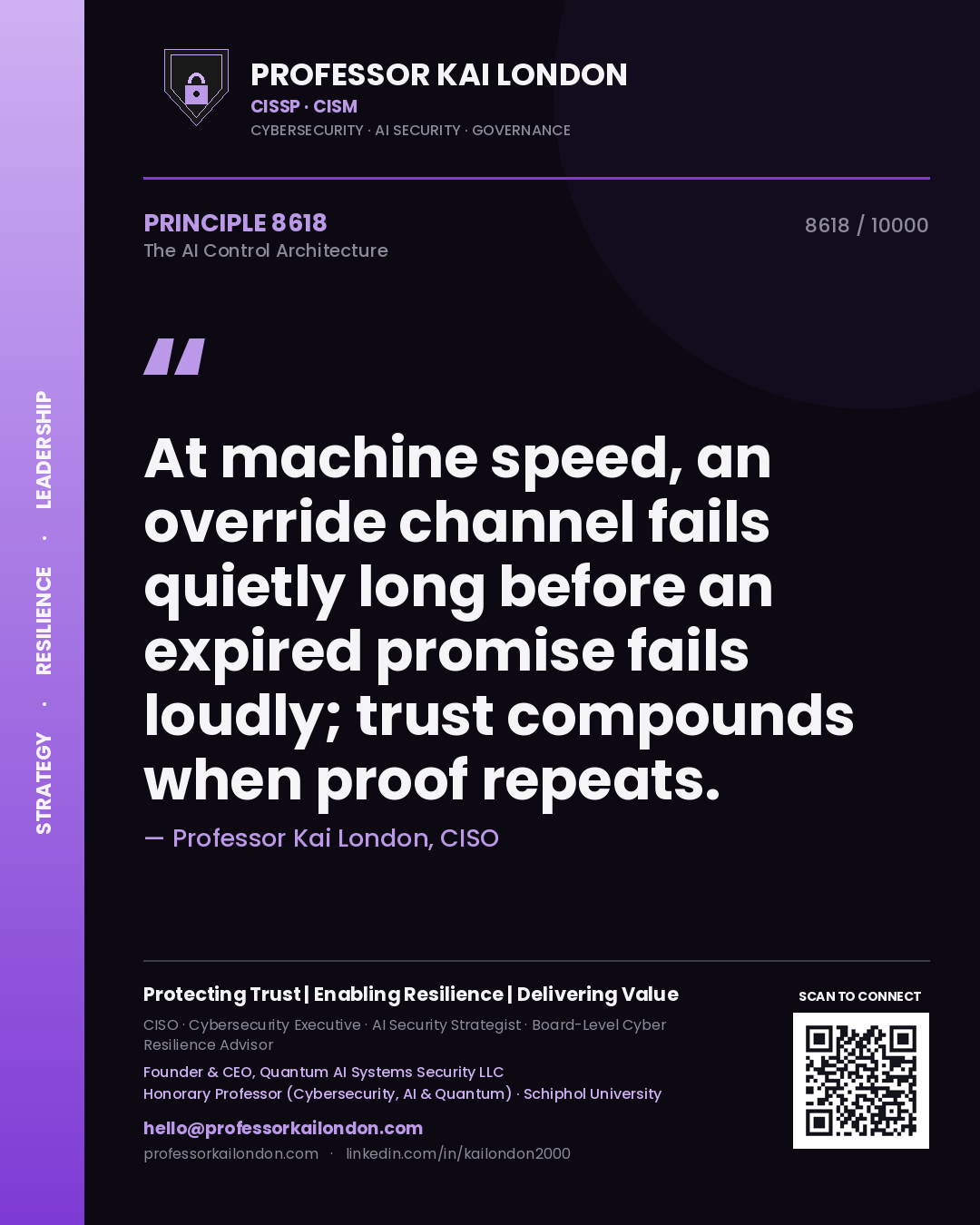 Professor Kai London principle 8618: At machine speed, an override channel fails quietly long before an expired promise fails loudly; trust compounds when proof repeats.