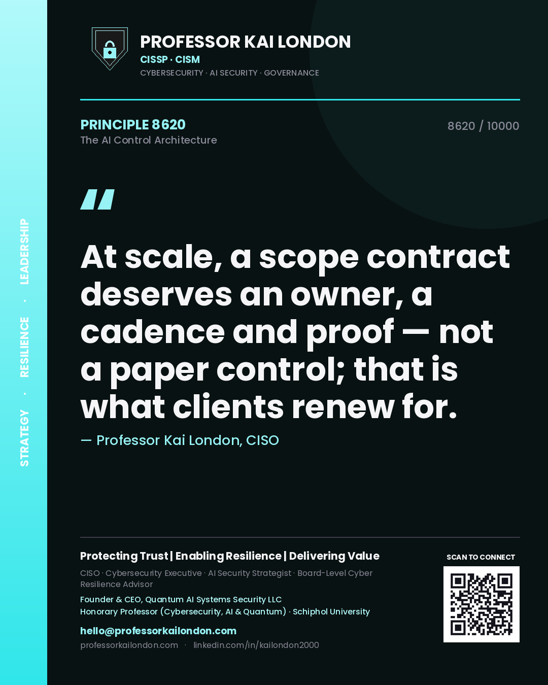 Quote card by Professor Kai London reading 'At scale, a scope contract deserves an owner, a cadence and proof — not a paper control; that is what clients renew for.'. From the book The AI Control Architecture.
