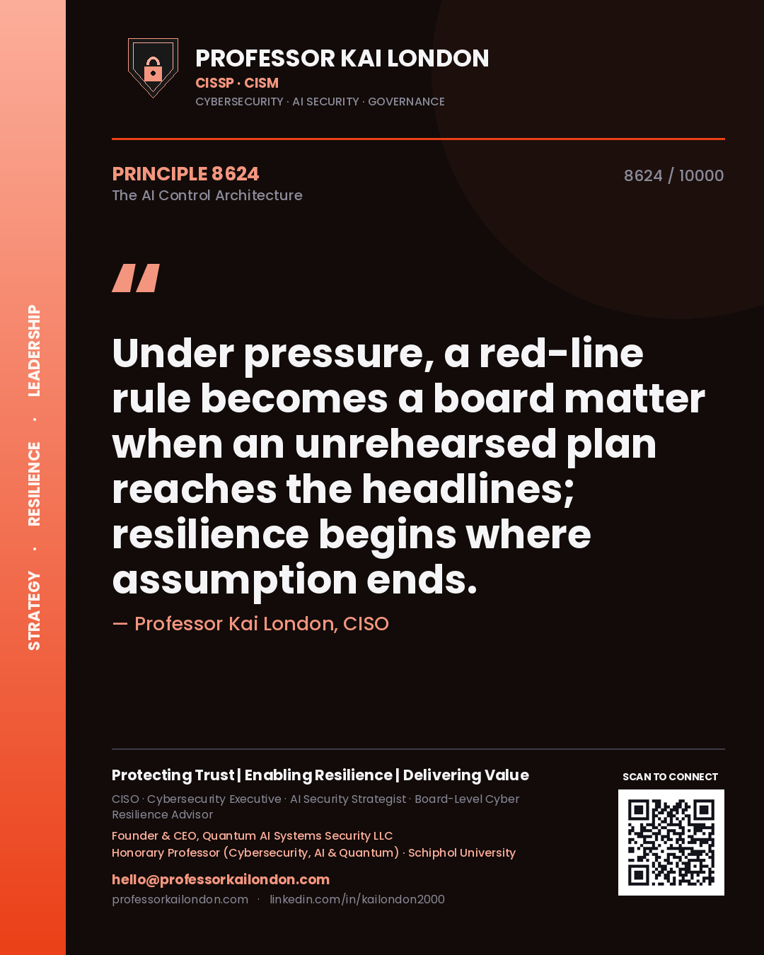 Professor Kai London principle 8624: Under pressure, a red-line rule becomes a board matter when an unrehearsed plan reaches the headlines; resilience begins where assumption ends.