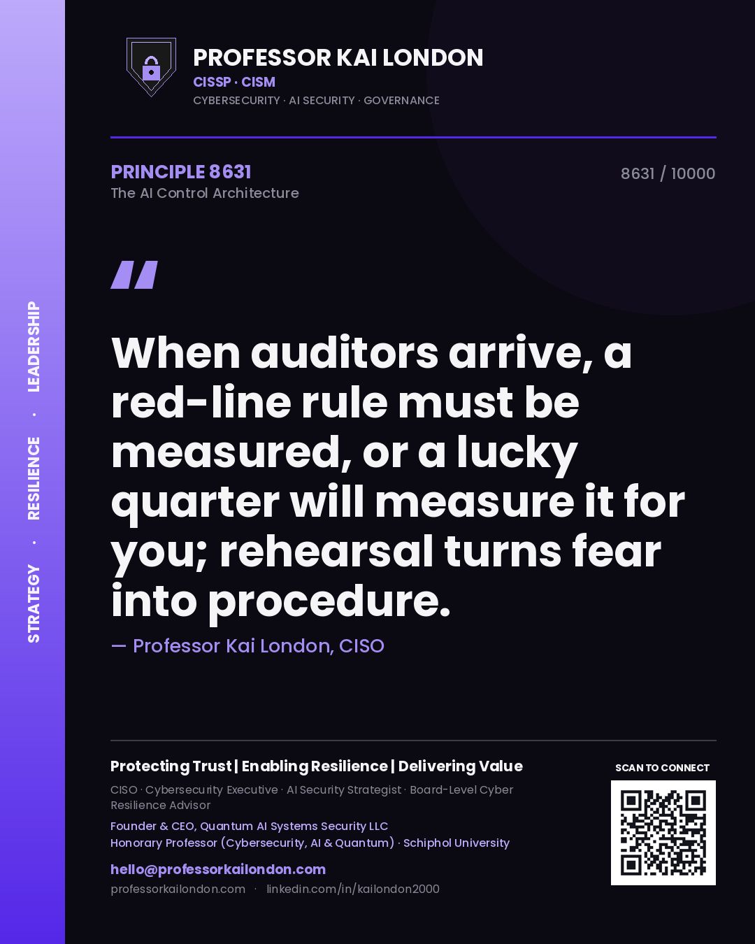 Professor Kai London principle 8631: When auditors arrive, a red-line rule must be measured, or a lucky quarter will measure it for you; rehearsal turns fear into procedure.