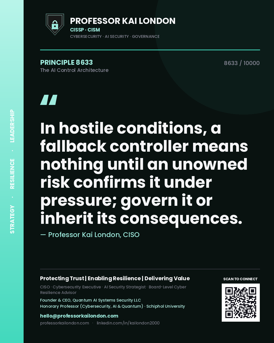 Quote card by Professor Kai London reading 'In hostile conditions, a fallback controller means nothing until an unowned risk confirms it under pressure; govern it or inherit its consequences.'. From the book The AI Control Architecture.