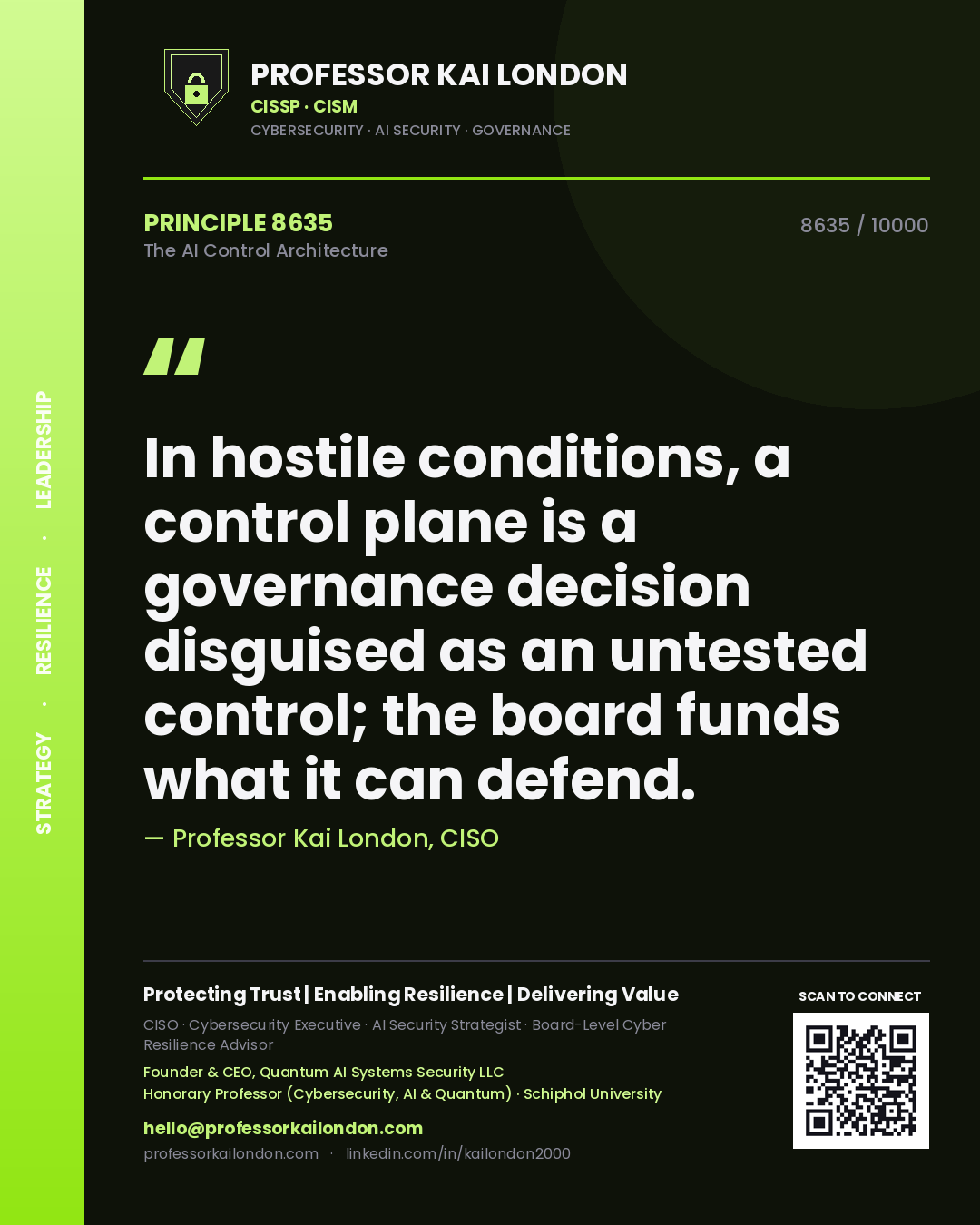 Quote card by Professor Kai London reading 'In hostile conditions, a control plane is a governance decision disguised as an untested control; the board funds what it can defend.'. From the book The AI Control Architecture.