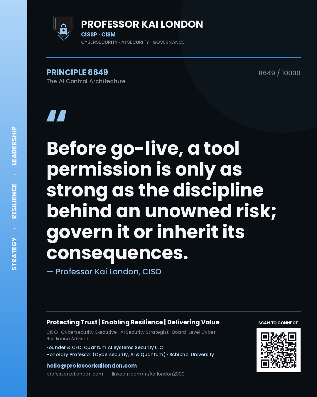 Quote card by Professor Kai London reading 'Before go-live, a tool permission is only as strong as the discipline behind an unowned risk; govern it or inherit its consequences.'. From the book The AI Control Architecture.