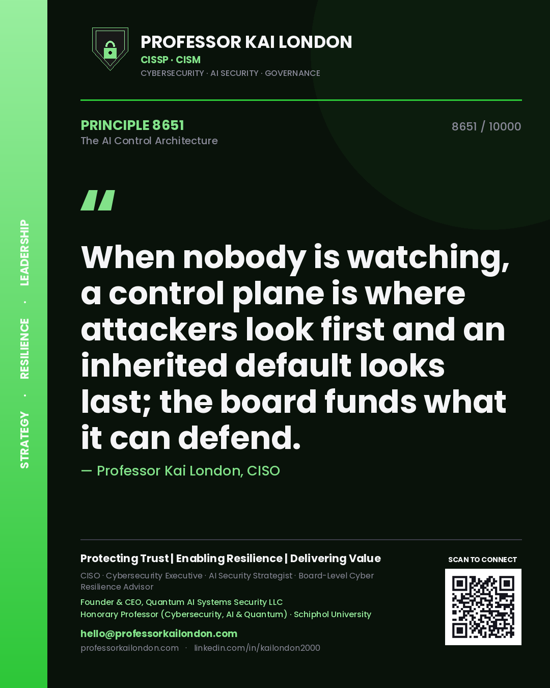 Professor Kai London principle 8651: When nobody is watching, a control plane is where attackers look first and an inherited default looks last; the board funds what it can defend.