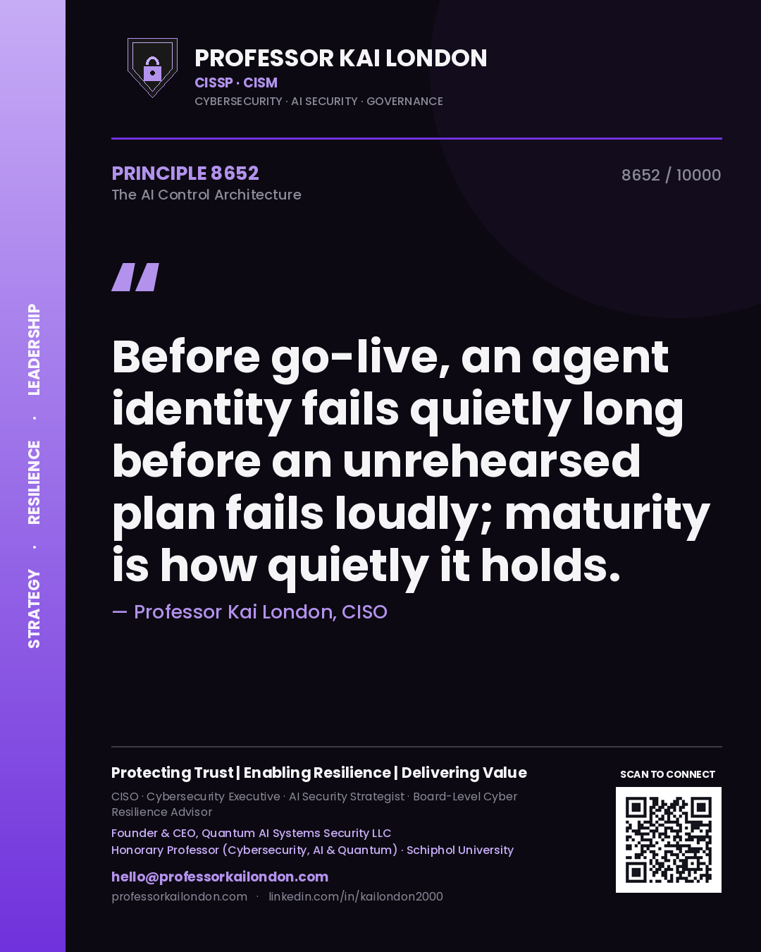 Quote card by Professor Kai London reading 'Before go-live, an agent identity fails quietly long before an unrehearsed plan fails loudly; maturity is how quietly it holds.'. From the book The AI Control Architecture.