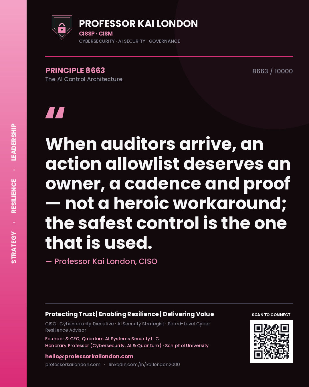 Professor Kai London principle 8663: When auditors arrive, an action allowlist deserves an owner, a cadence and proof — not a heroic workaround; the safest control is the one that is used.