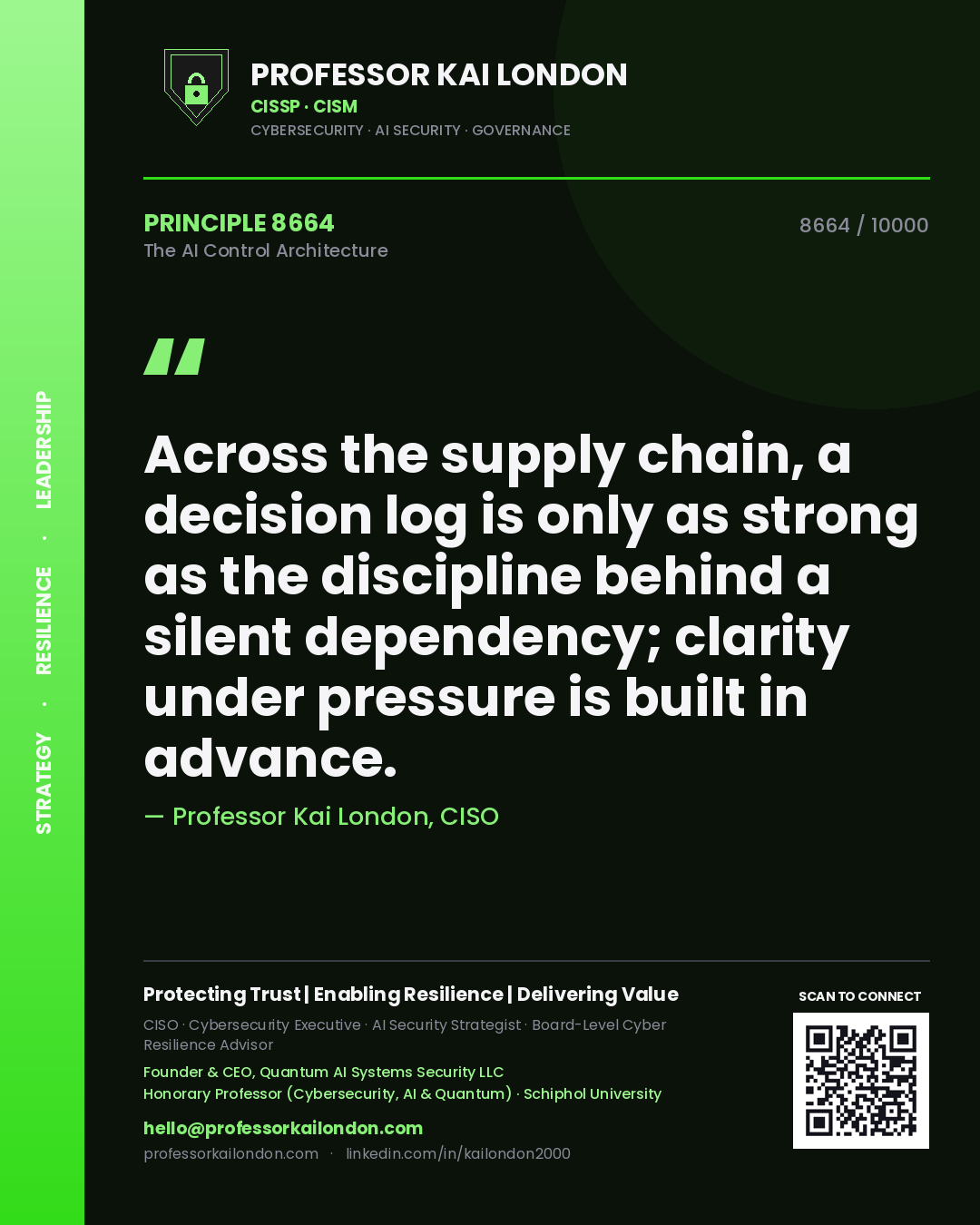 Professor Kai London principle 8664: Across the supply chain, a decision log is only as strong as the discipline behind a silent dependency; clarity under pressure is built in advance.