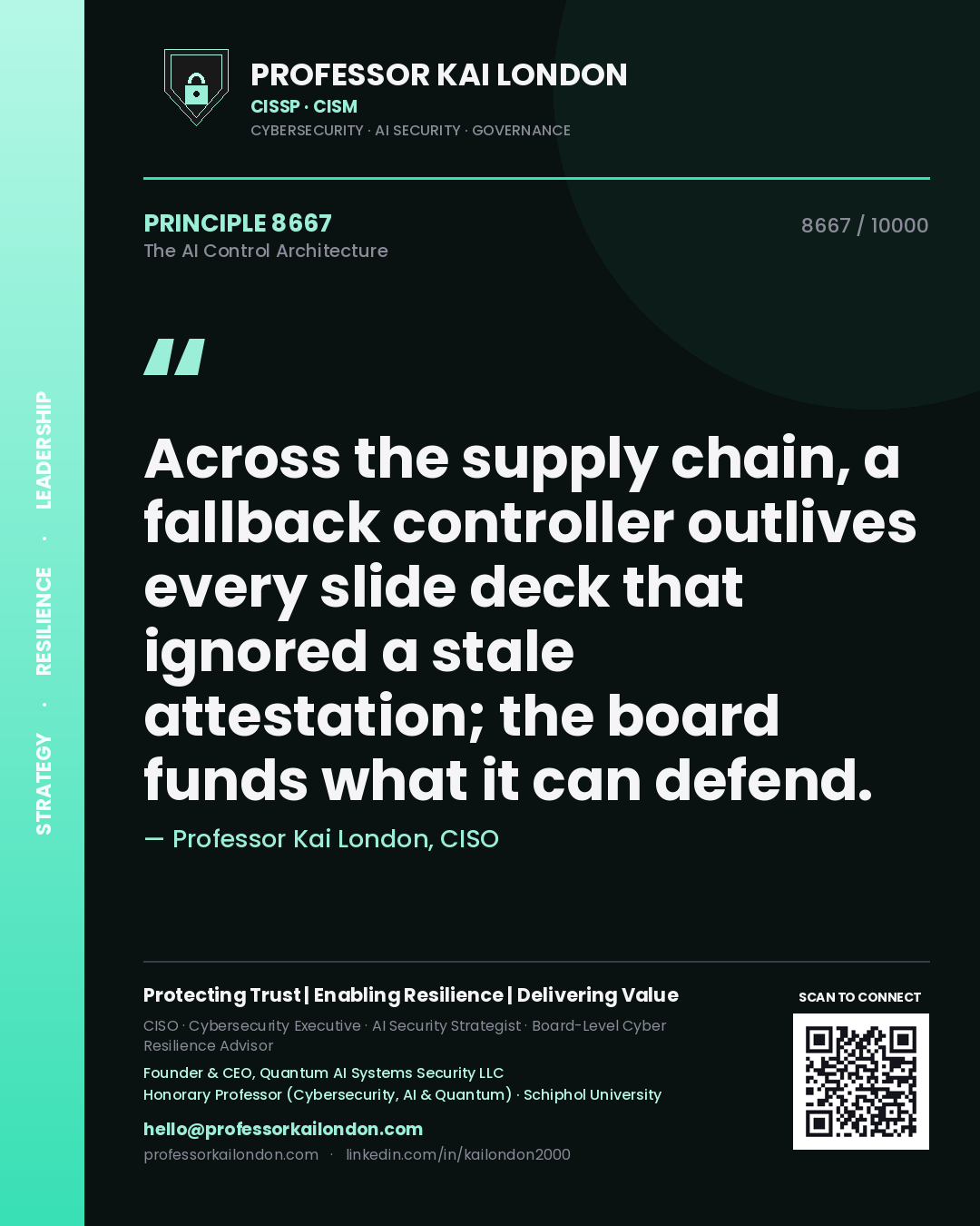 Professor Kai London principle 8667: Across the supply chain, a fallback controller outlives every slide deck that ignored a stale attestation; the board funds what it can defend.