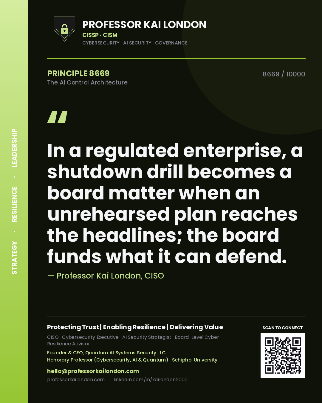 Professor Kai London principle 8669: In a regulated enterprise, a shutdown drill becomes a board matter when an unrehearsed plan reaches the headlines; the board funds what it can defend.