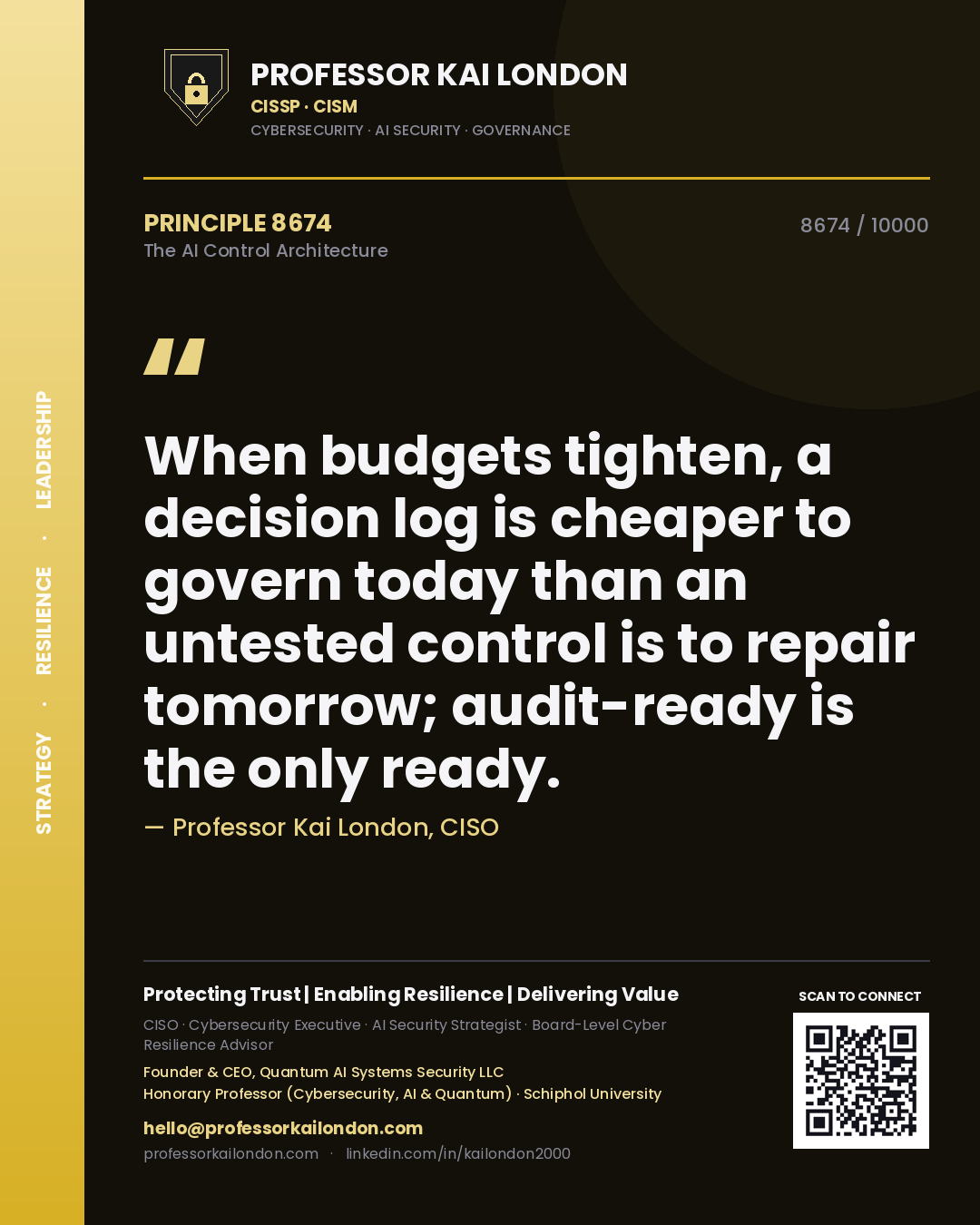 Quote card by Professor Kai London reading 'When budgets tighten, a decision log is cheaper to govern today than an untested control is to repair tomorrow; audit-ready is the only ready.'. From the book The AI Control Architecture.