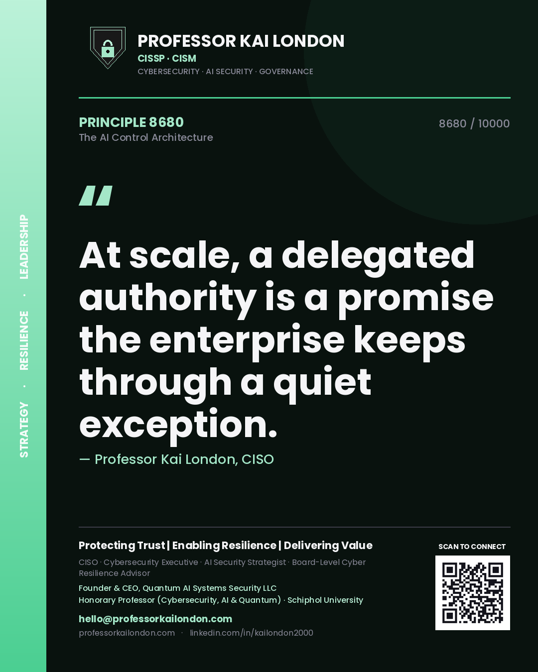 Professor Kai London principle 8680: At scale, a delegated authority is a promise the enterprise keeps through a quiet exception.