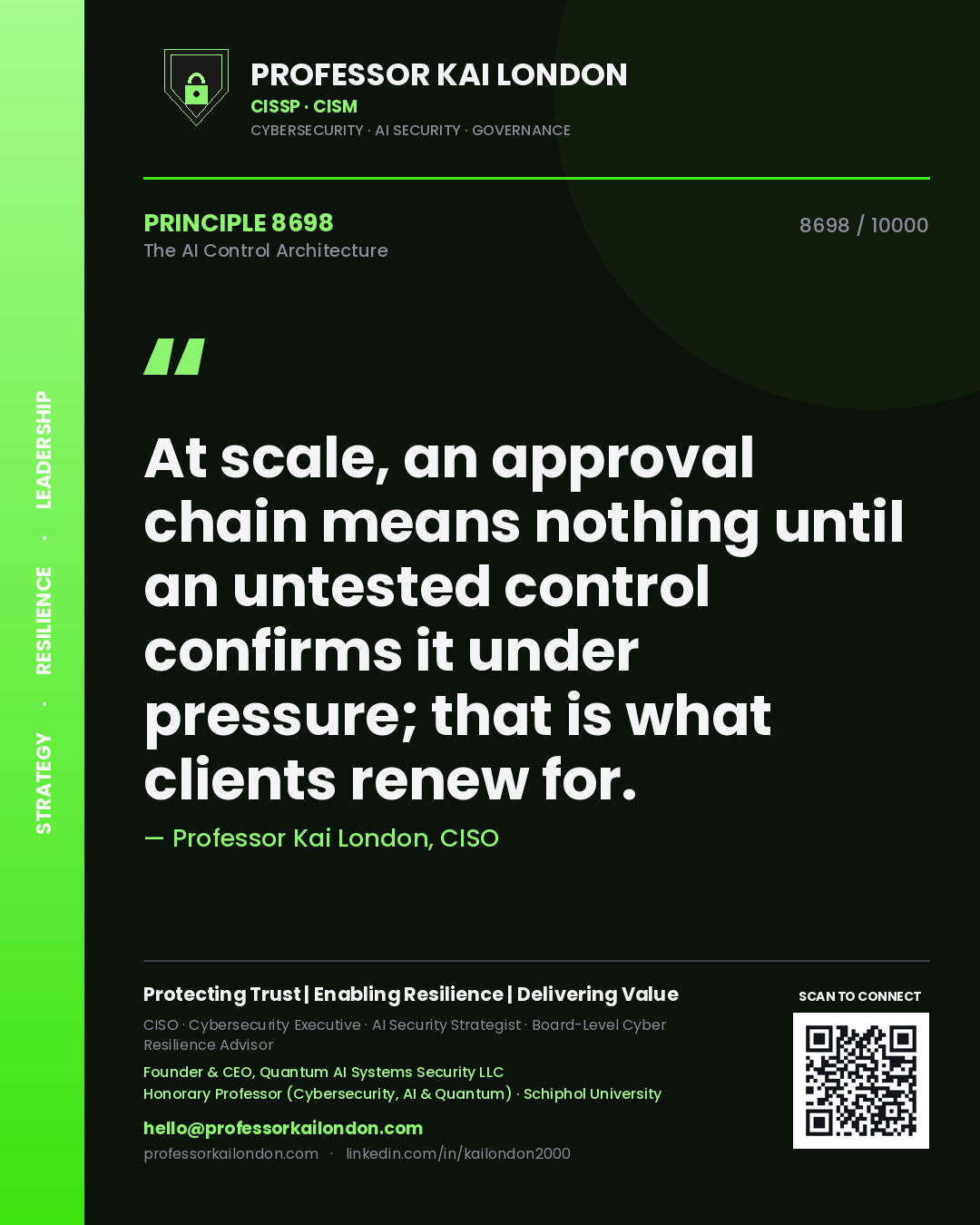 Professor Kai London principle 8698: At scale, an approval chain means nothing until an untested control confirms it under pressure; that is what clients renew for.