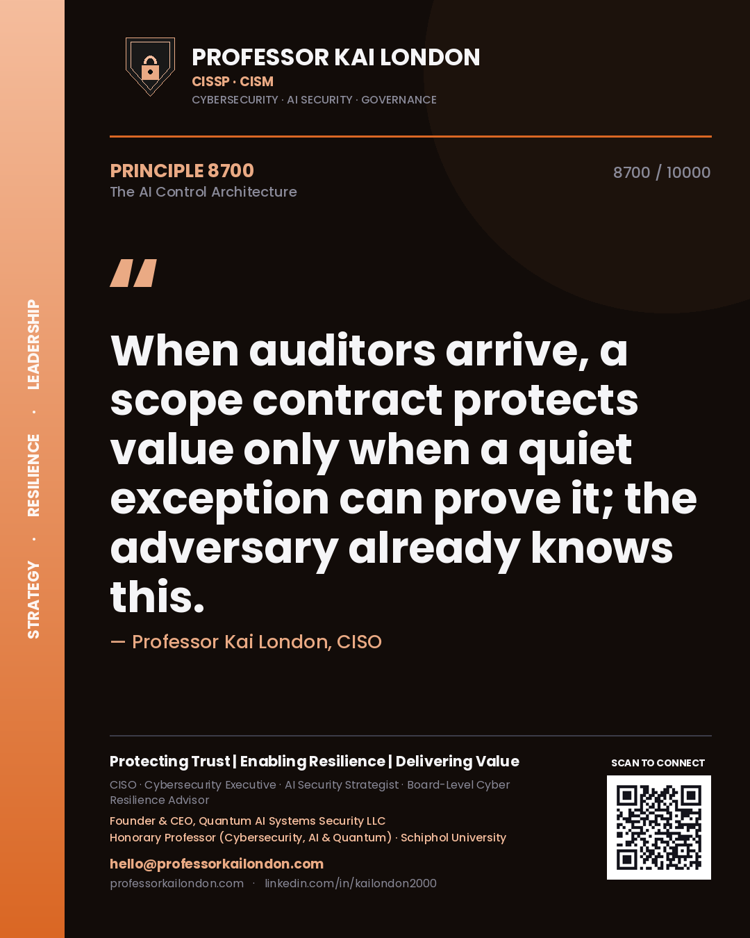 Professor Kai London principle 8700: When auditors arrive, a scope contract protects value only when a quiet exception can prove it; the adversary already knows this.