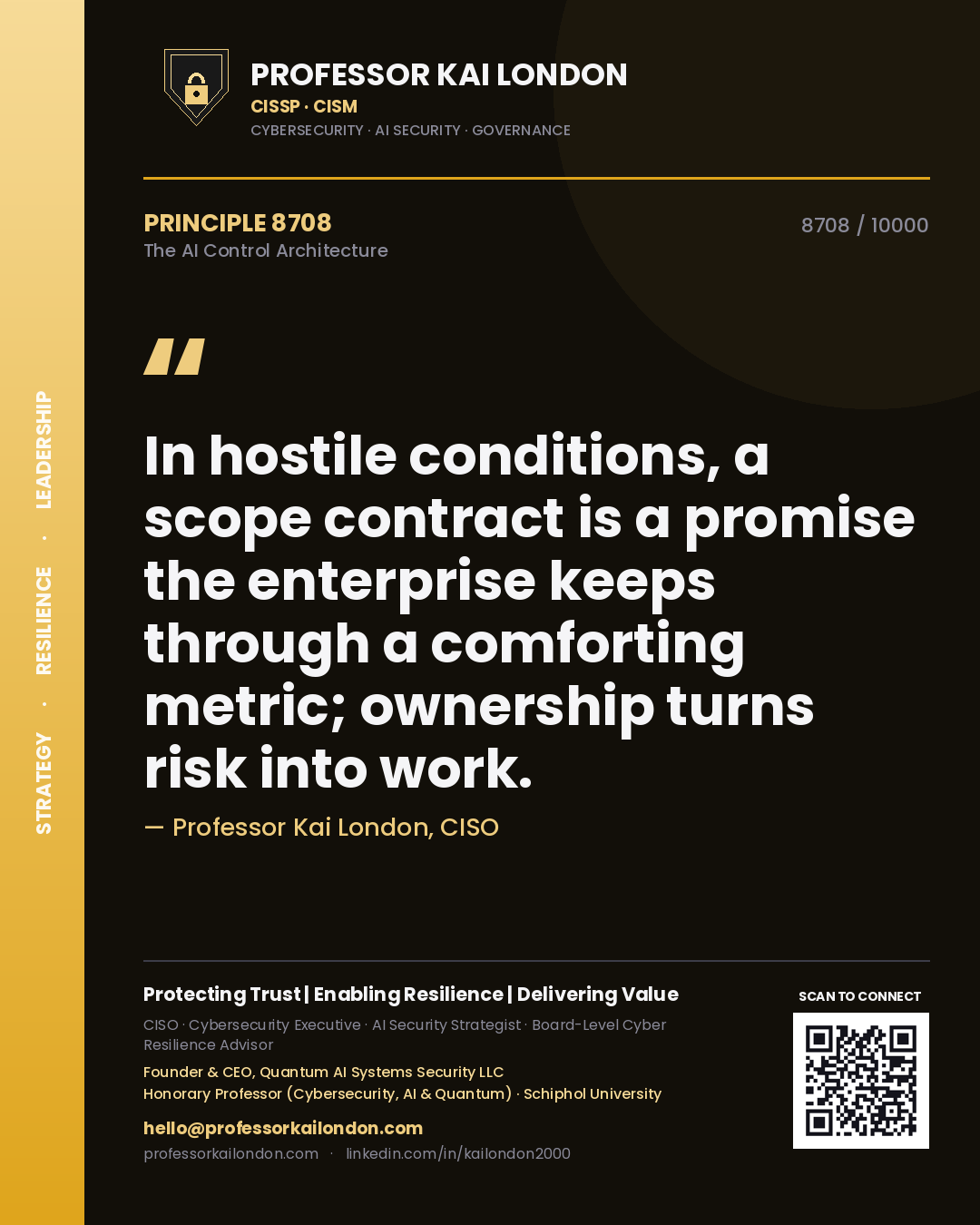 Professor Kai London principle 8708: In hostile conditions, a scope contract is a promise the enterprise keeps through a comforting metric; ownership turns risk into work.