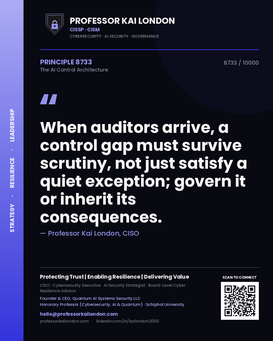 Professor Kai London principle 8733: When auditors arrive, a control gap must survive scrutiny, not just satisfy a quiet exception; govern it or inherit its consequences.