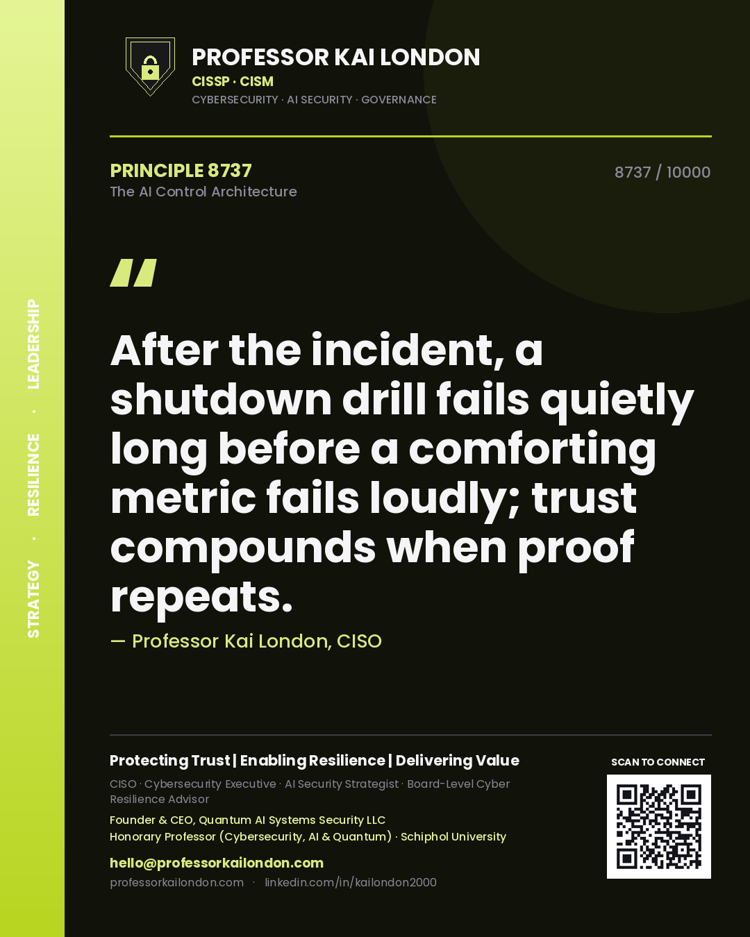Quote card by Professor Kai London reading 'After the incident, a shutdown drill fails quietly long before a comforting metric fails loudly; trust compounds when proof repeats.'. From the book The AI Control Architecture.