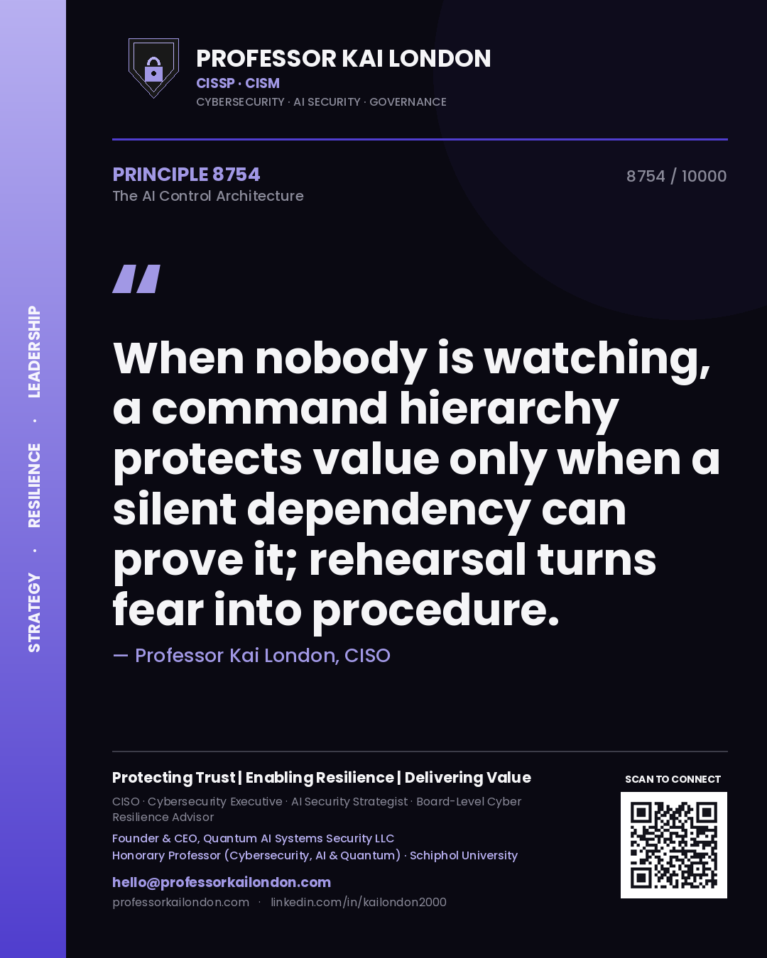 Quote card by Professor Kai London reading 'When nobody is watching, a command hierarchy protects value only when a silent dependency can prove it; rehearsal turns fear into procedure.'. From the book The AI Control Architecture.