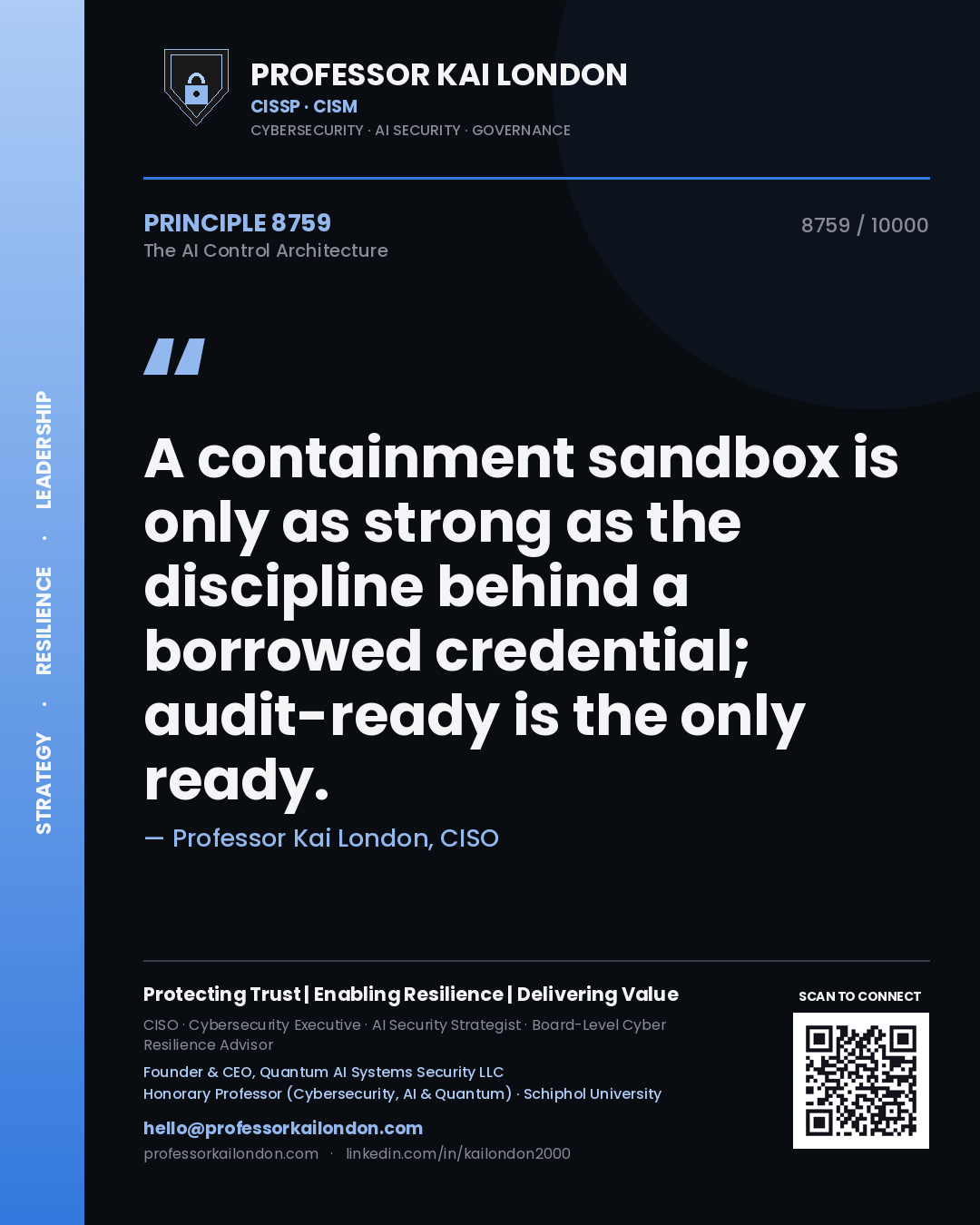 Professor Kai London principle 8759: A containment sandbox is only as strong as the discipline behind a borrowed credential; audit-ready is the only ready.