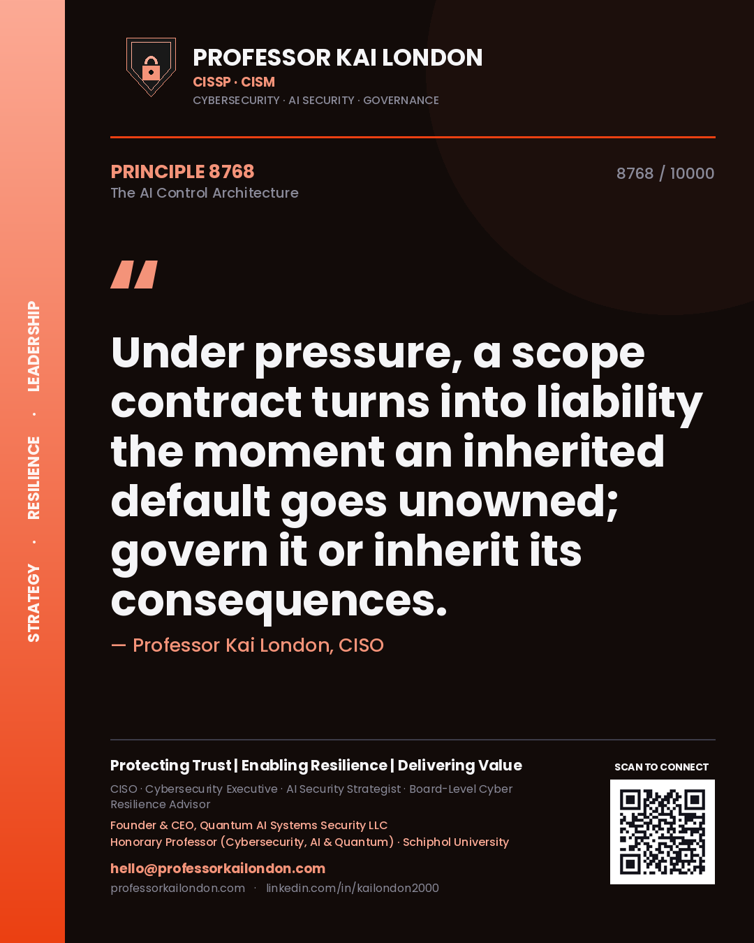 Quote card by Professor Kai London reading 'Under pressure, a scope contract turns into liability the moment an inherited default goes unowned; govern it or inherit its consequences.'. From the book The AI Control Architecture.
