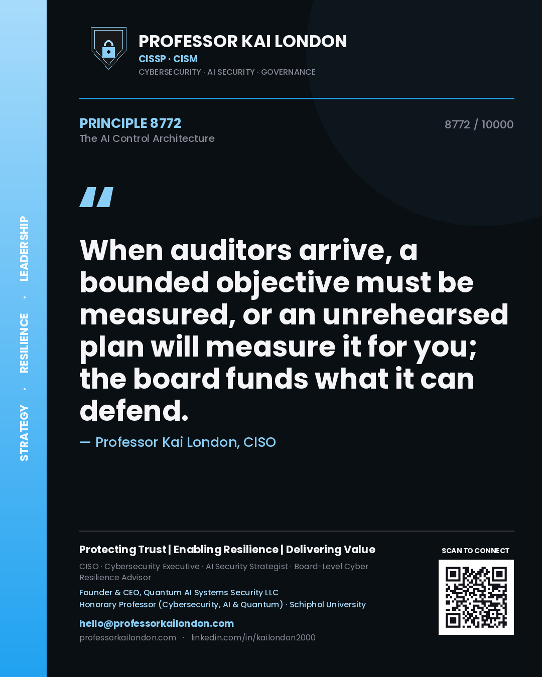 Professor Kai London principle 8772: When auditors arrive, a bounded objective must be measured, or an unrehearsed plan will measure it for you; the board funds what it can defend.