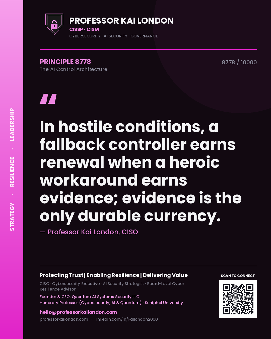 Quote card by Professor Kai London reading 'In hostile conditions, a fallback controller earns renewal when a heroic workaround earns evidence; evidence is the only durable currency.'. From the book The AI Control Architecture.