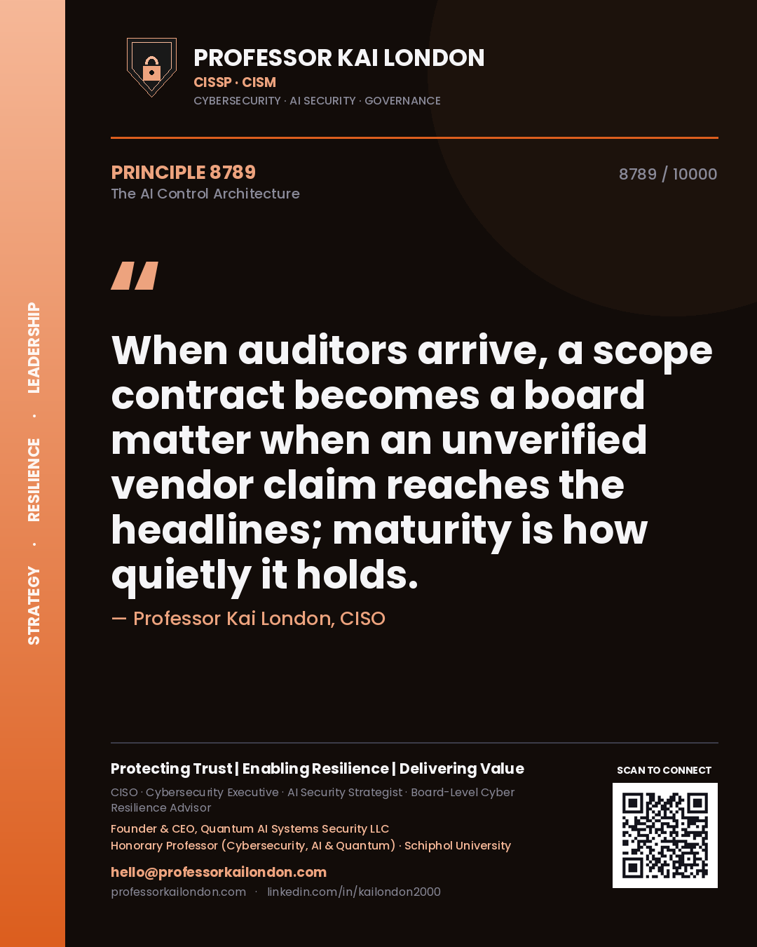 Professor Kai London principle 8789: When auditors arrive, a scope contract becomes a board matter when an unverified vendor claim reaches the headlines; maturity is how quietly it holds.