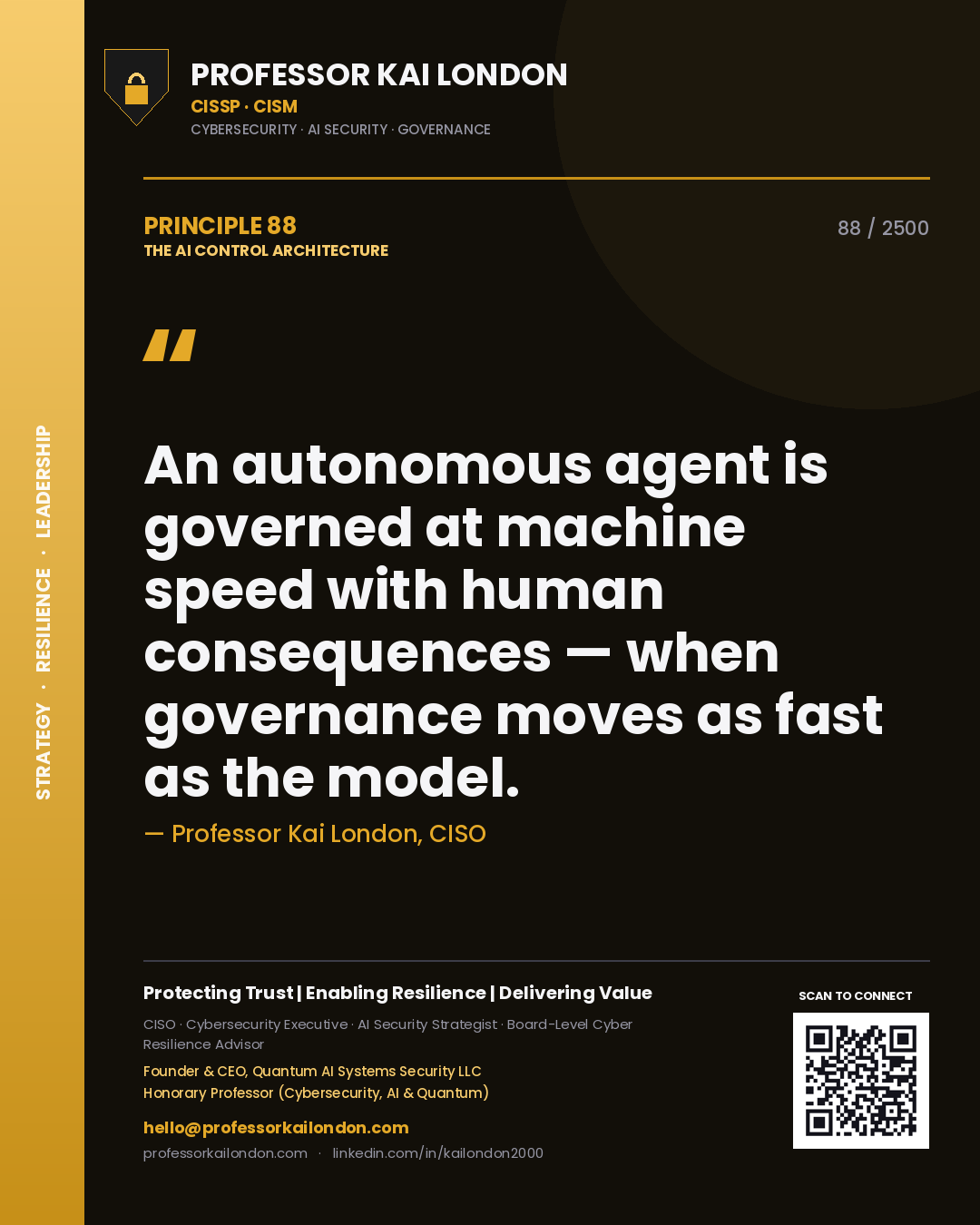 Professor Kai London principle 88: An autonomous agent is governed at machine speed with human consequences — when governance moves as fast as the model.