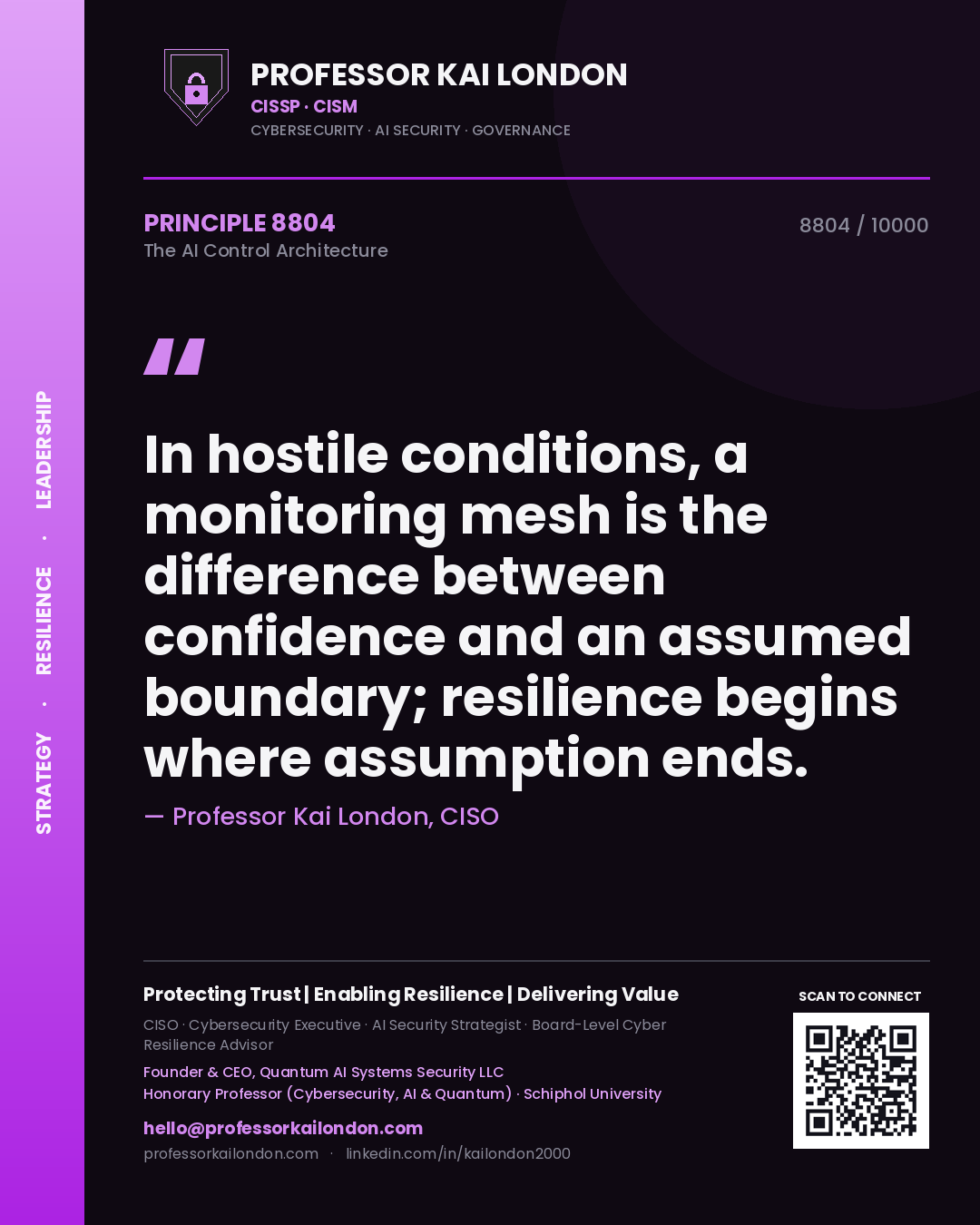 Quote card by Professor Kai London reading 'In hostile conditions, a monitoring mesh is the difference between confidence and an assumed boundary; resilience begins where assumption ends.'. From the book The AI Control Architecture.