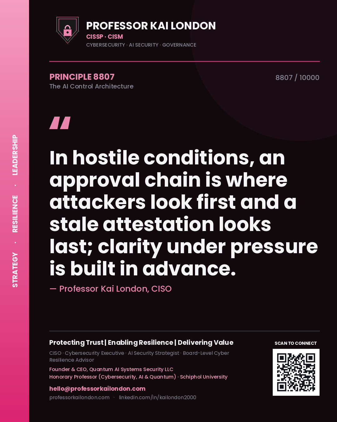 Professor Kai London principle 8807: In hostile conditions, an approval chain is where attackers look first and a stale attestation looks last; clarity under pressure is built in advance.