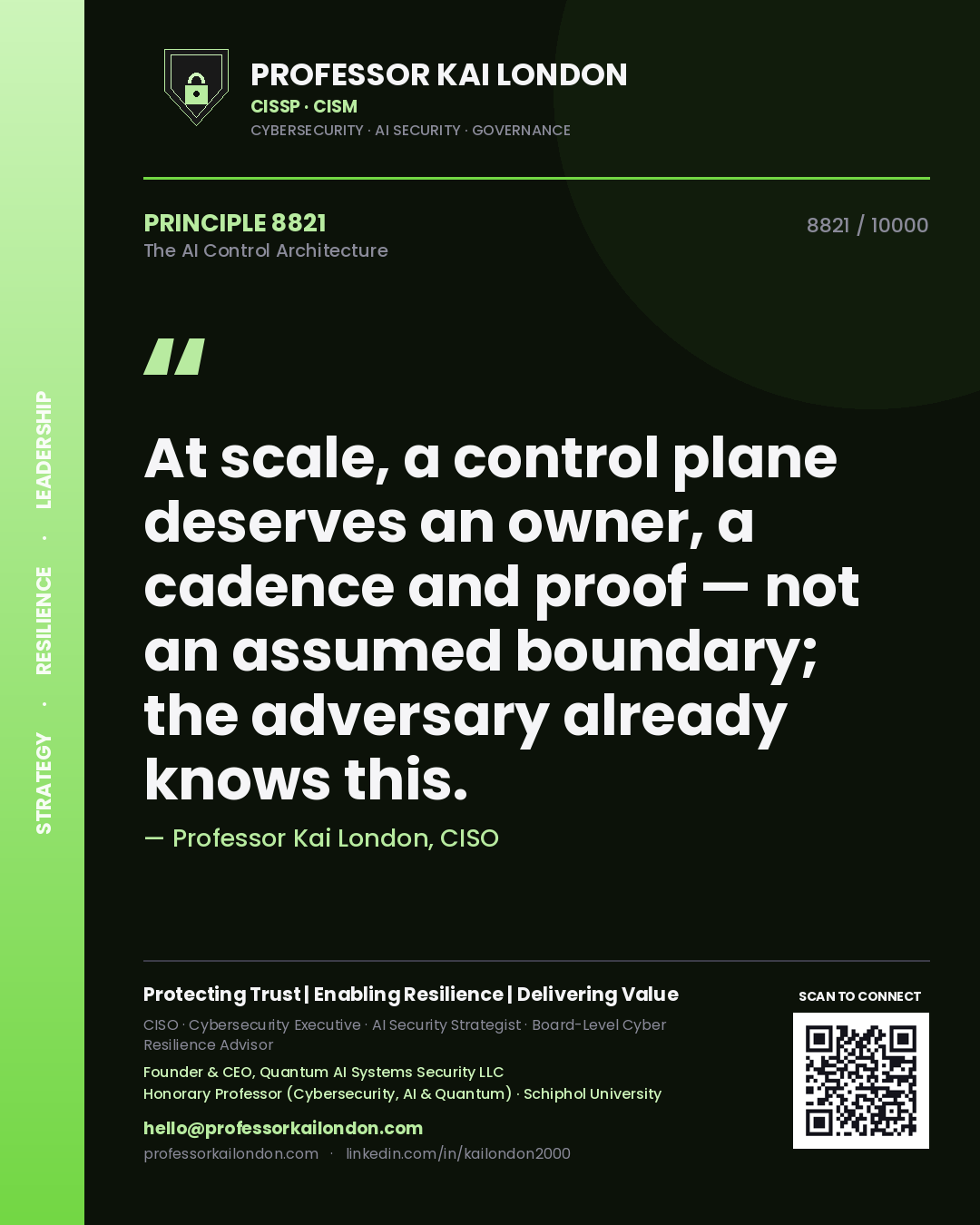 Quote card by Professor Kai London reading 'At scale, a control plane deserves an owner, a cadence and proof — not an assumed boundary; the adversary already knows this.'. From the book The AI Control Architecture.
