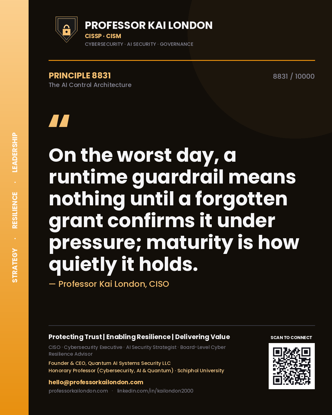 Professor Kai London principle 8831: On the worst day, a runtime guardrail means nothing until a forgotten grant confirms it under pressure; maturity is how quietly it holds.