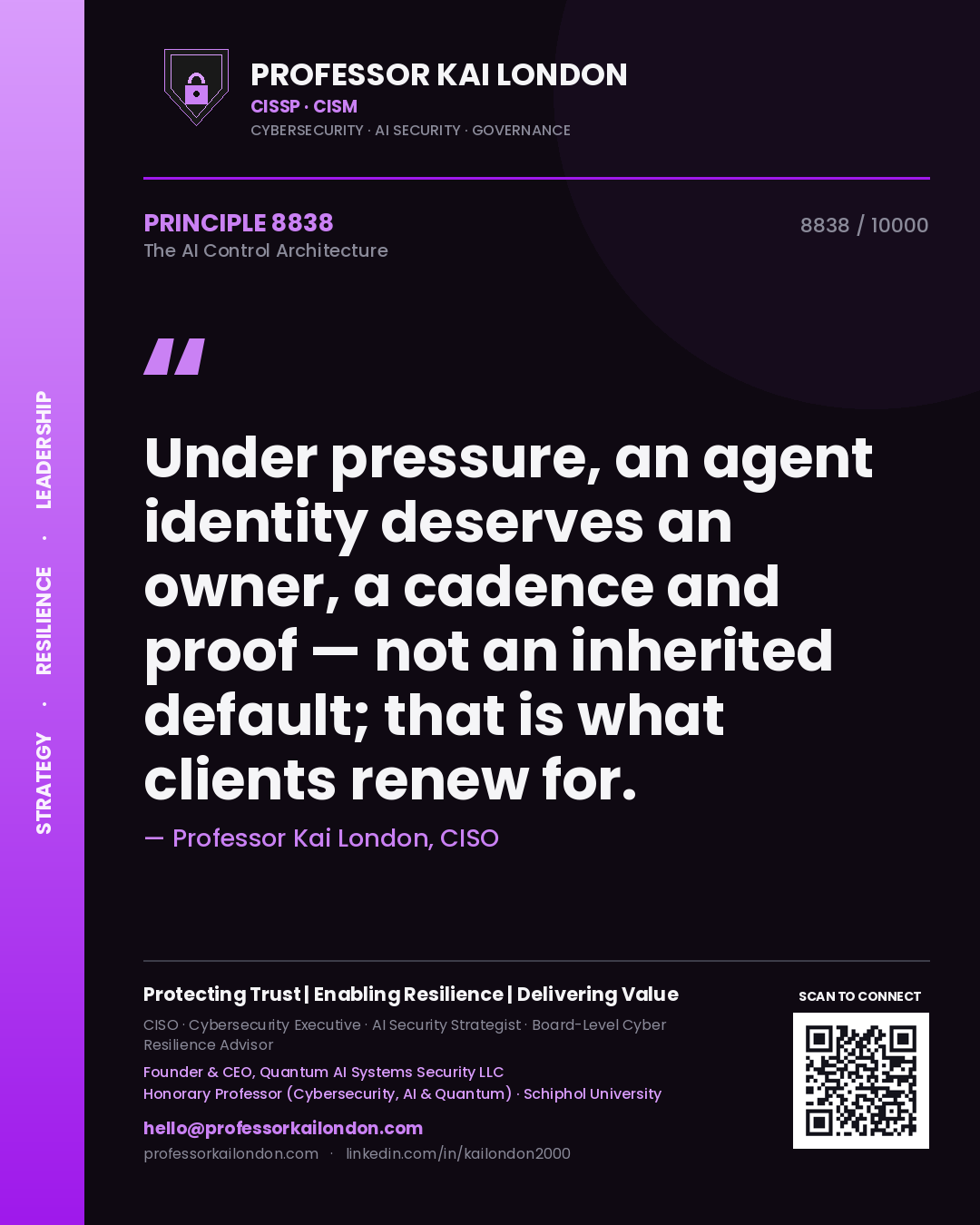 Professor Kai London principle 8838: Under pressure, an agent identity deserves an owner, a cadence and proof — not an inherited default; that is what clients renew for.