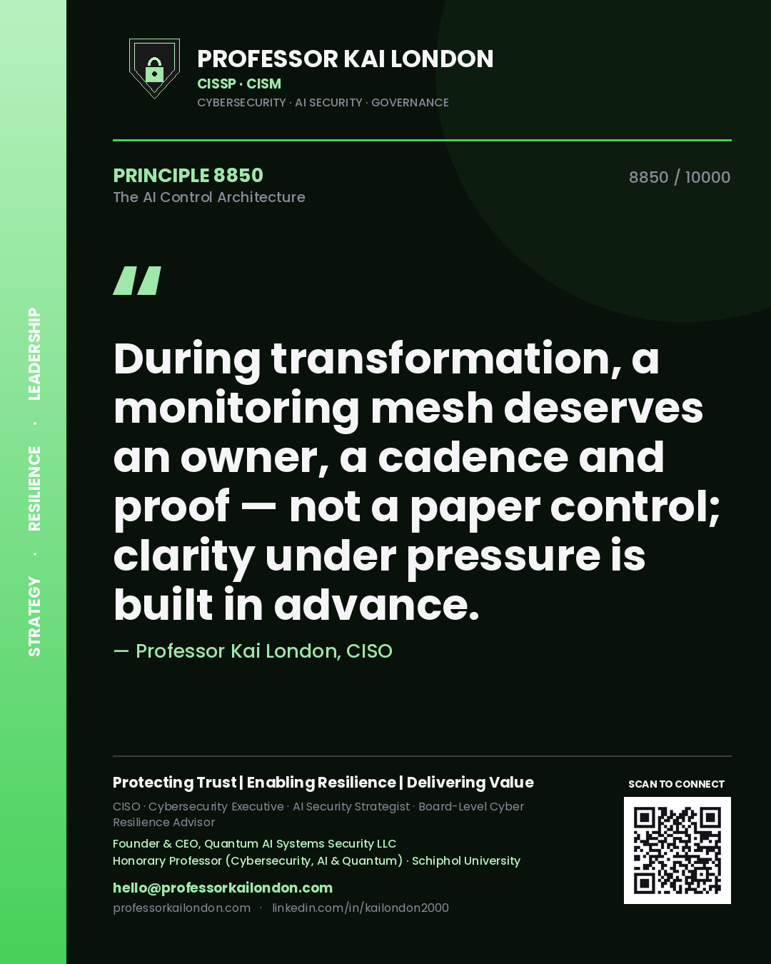 Quote card by Professor Kai London reading 'During transformation, a monitoring mesh deserves an owner, a cadence and proof — not a paper control; clarity under pressure is built in advance.'. From the book The AI Control Architecture.