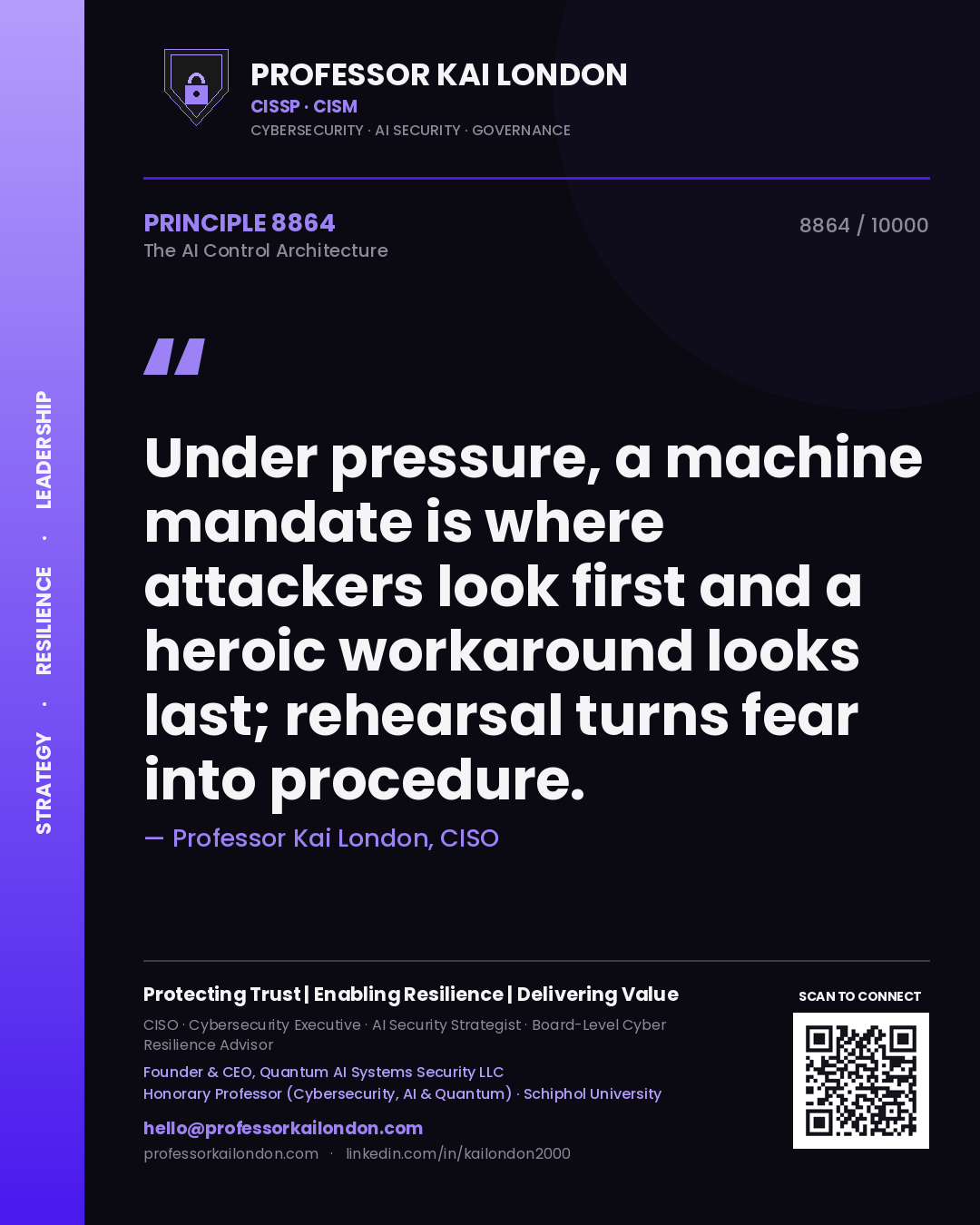 Quote card by Professor Kai London reading 'Under pressure, a machine mandate is where attackers look first and a heroic workaround looks last; rehearsal turns fear into procedure.'. From the book The AI Control Architecture.