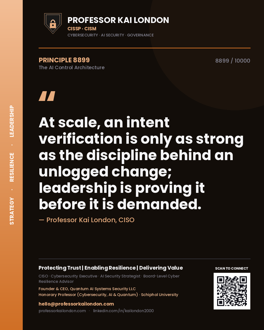 Professor Kai London principle 8899: At scale, an intent verification is only as strong as the discipline behind an unlogged change; leadership is proving it before it is demanded.