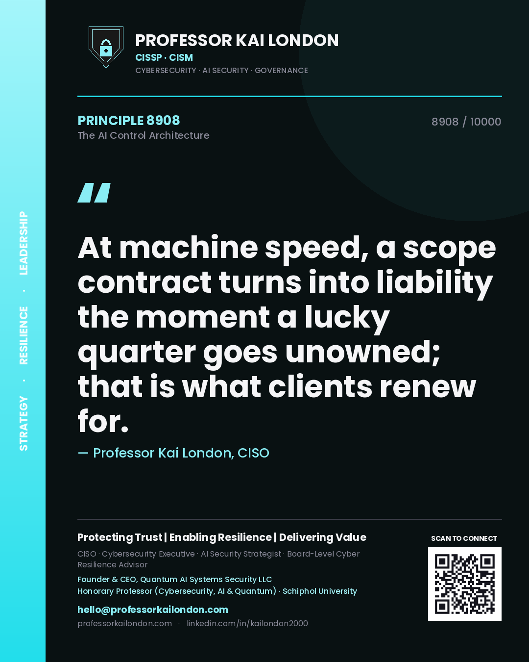 Quote card by Professor Kai London reading 'At machine speed, a scope contract turns into liability the moment a lucky quarter goes unowned; that is what clients renew for.'. From the book The AI Control Architecture.