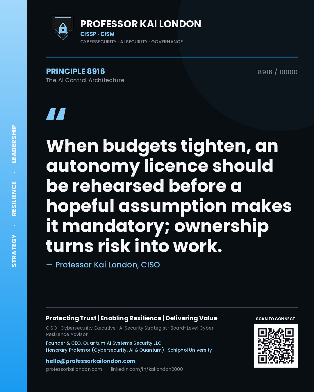 Quote card by Professor Kai London reading 'When budgets tighten, an autonomy licence should be rehearsed before a hopeful assumption makes it mandatory; ownership turns risk into work.'. From the book The AI Control Architecture.
