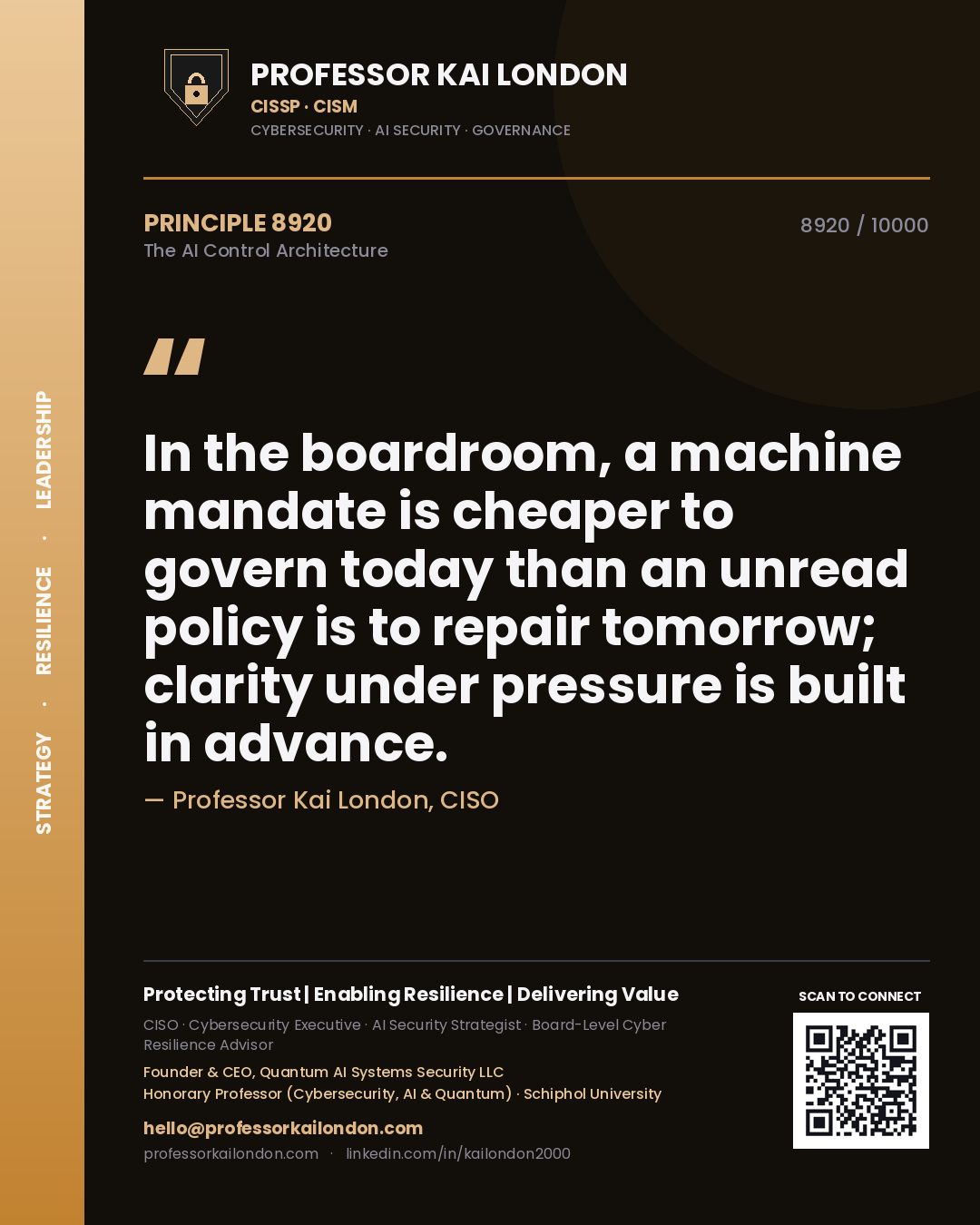Professor Kai London principle 8920: In the boardroom, a machine mandate is cheaper to govern today than an unread policy is to repair tomorrow; clarity under pressure is built in advance.