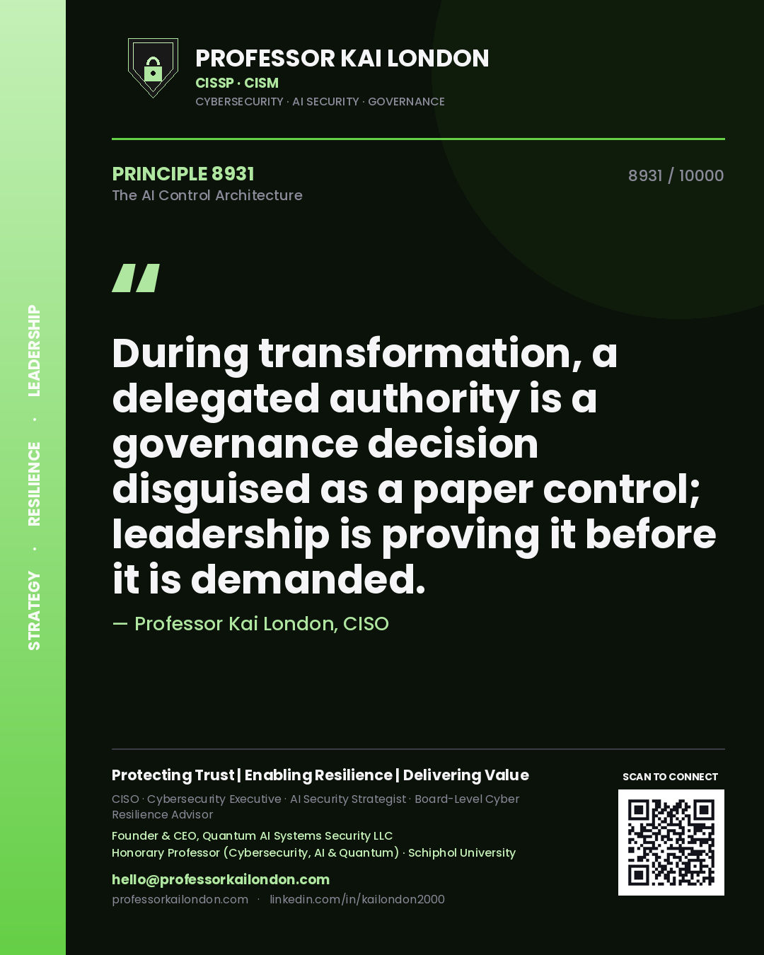 Professor Kai London principle 8931: During transformation, a delegated authority is a governance decision disguised as a paper control; leadership is proving it before it is demanded.
