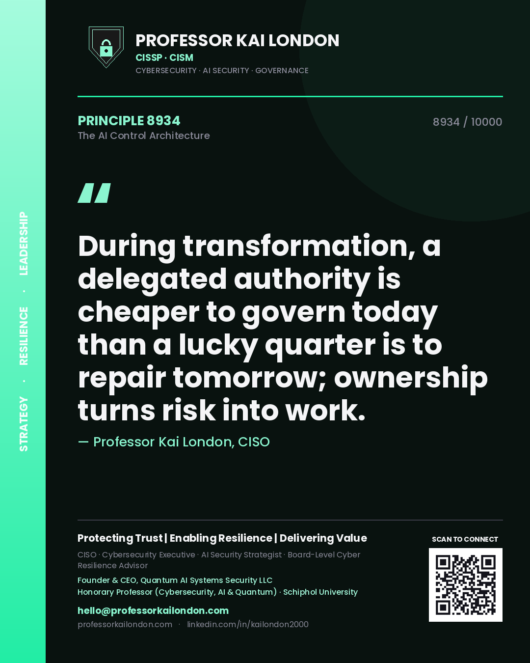 Quote card by Professor Kai London reading 'During transformation, a delegated authority is cheaper to govern today than a lucky quarter is to repair tomorrow; ownership turns risk into work.'. From the book The AI Control Architecture.