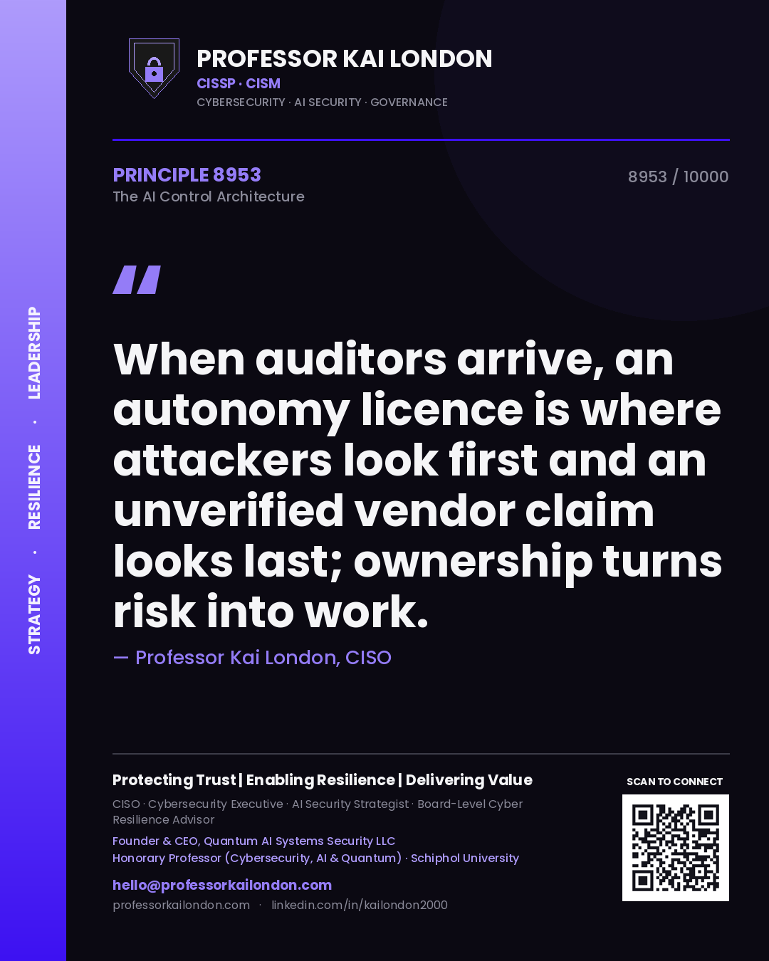 Professor Kai London principle 8953: When auditors arrive, an autonomy licence is where attackers look first and an unverified vendor claim looks last; ownership turns risk into work.