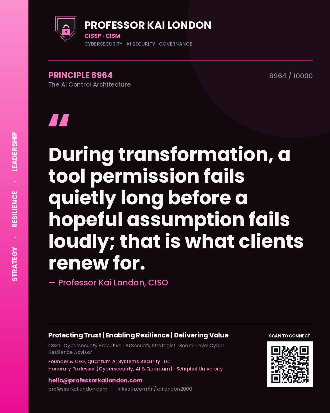 Professor Kai London principle 8964: During transformation, a tool permission fails quietly long before a hopeful assumption fails loudly; that is what clients renew for.