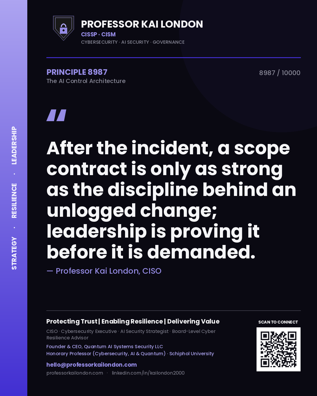 Quote card by Professor Kai London reading 'After the incident, a scope contract is only as strong as the discipline behind an unlogged change; leadership is proving it before it is demanded.'. From the book The AI Control Architecture.