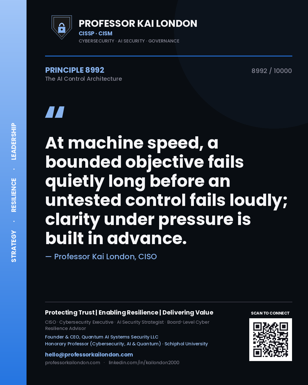 Professor Kai London principle 8992: At machine speed, a bounded objective fails quietly long before an untested control fails loudly; clarity under pressure is built in advance.