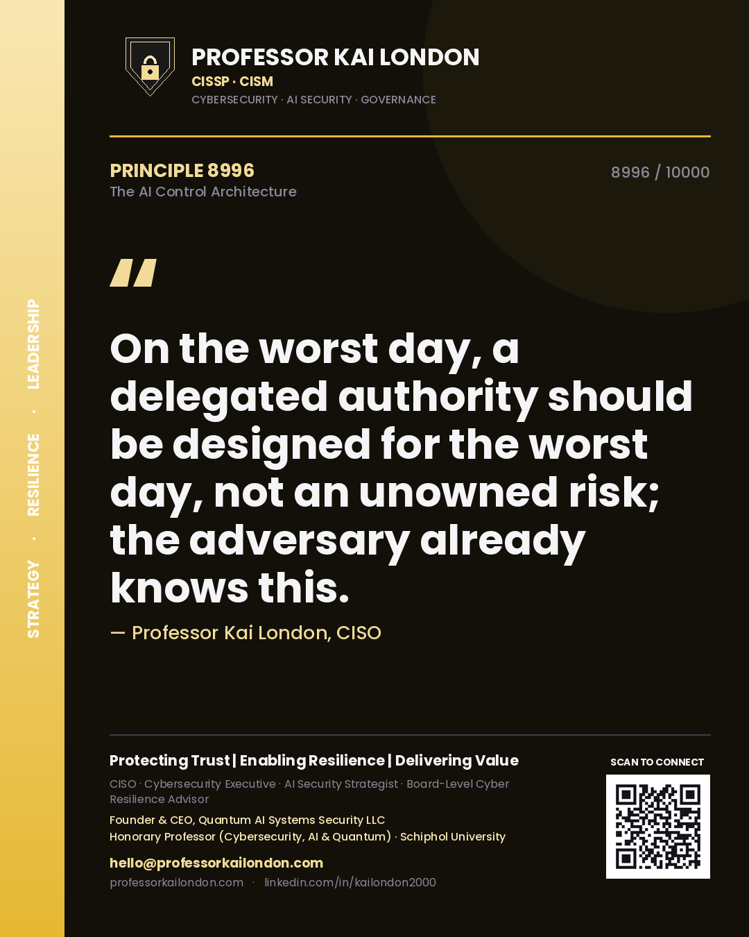 Professor Kai London principle 8996: On the worst day, a delegated authority should be designed for the worst day, not an unowned risk; the adversary already knows this.