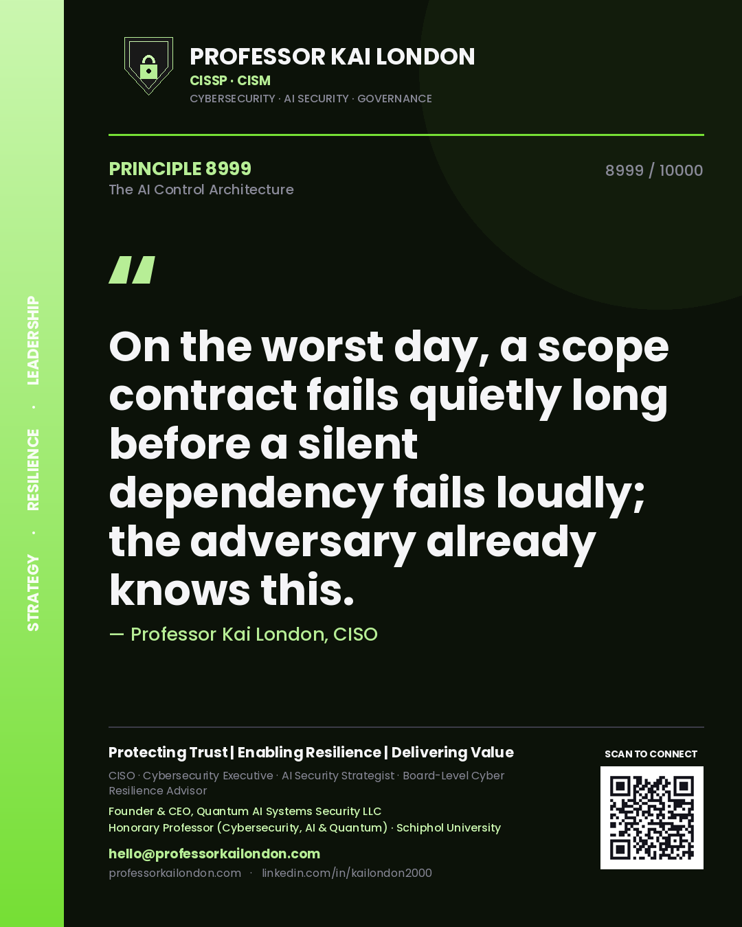 Professor Kai London principle 8999: On the worst day, a scope contract fails quietly long before a silent dependency fails loudly; the adversary already knows this.