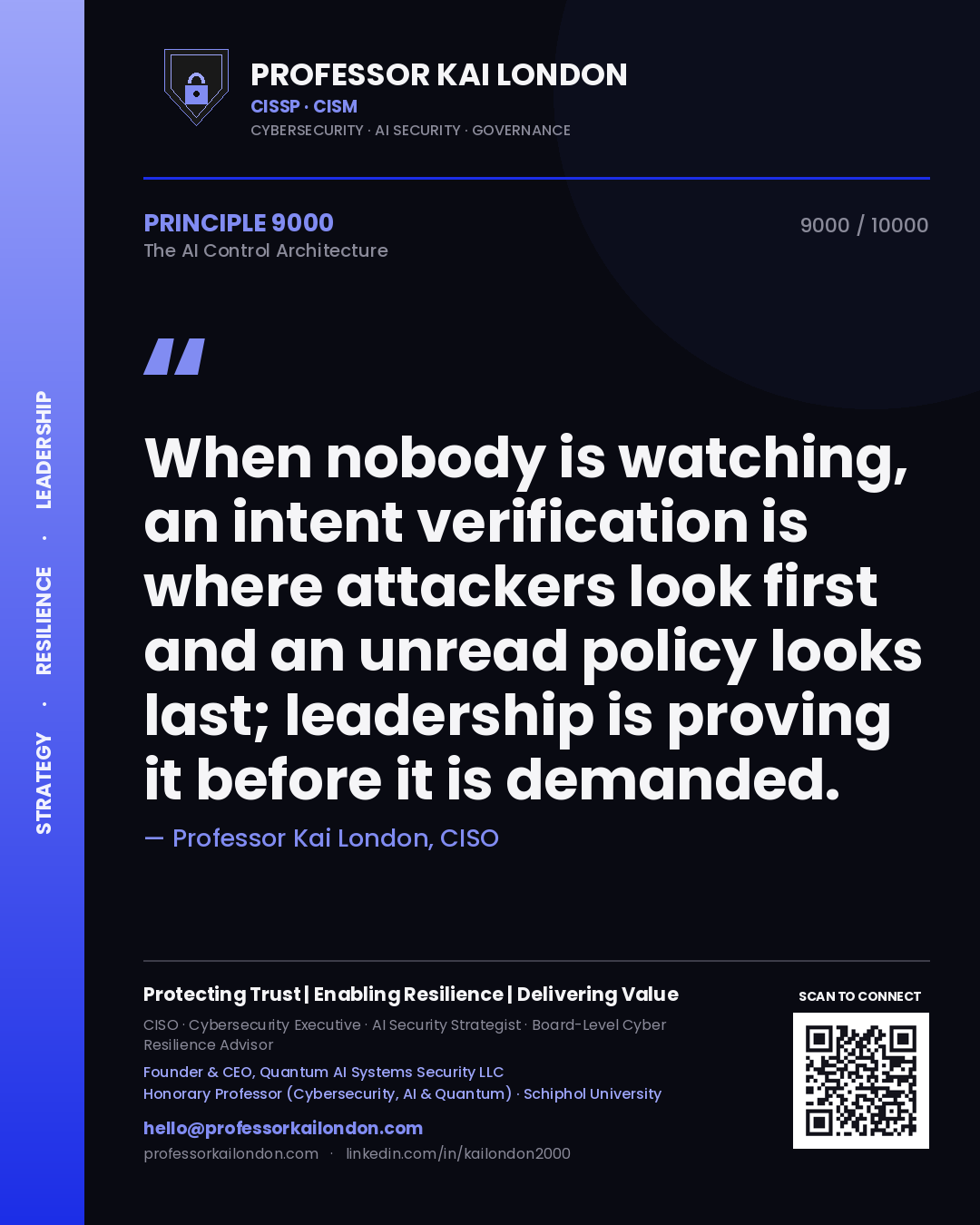 Professor Kai London principle 9000: When nobody is watching, an intent verification is where attackers look first and an unread policy looks last; leadership is proving it before it is demanded.