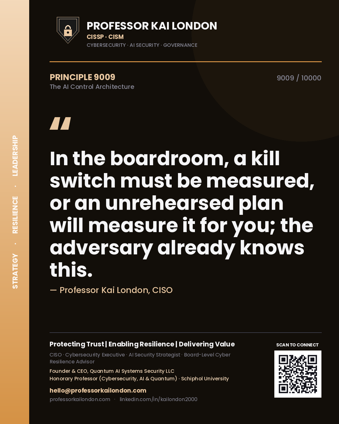 Quote card by Professor Kai London reading 'In the boardroom, a kill switch must be measured, or an unrehearsed plan will measure it for you; the adversary already knows this.'. From the book The AI Control Architecture.