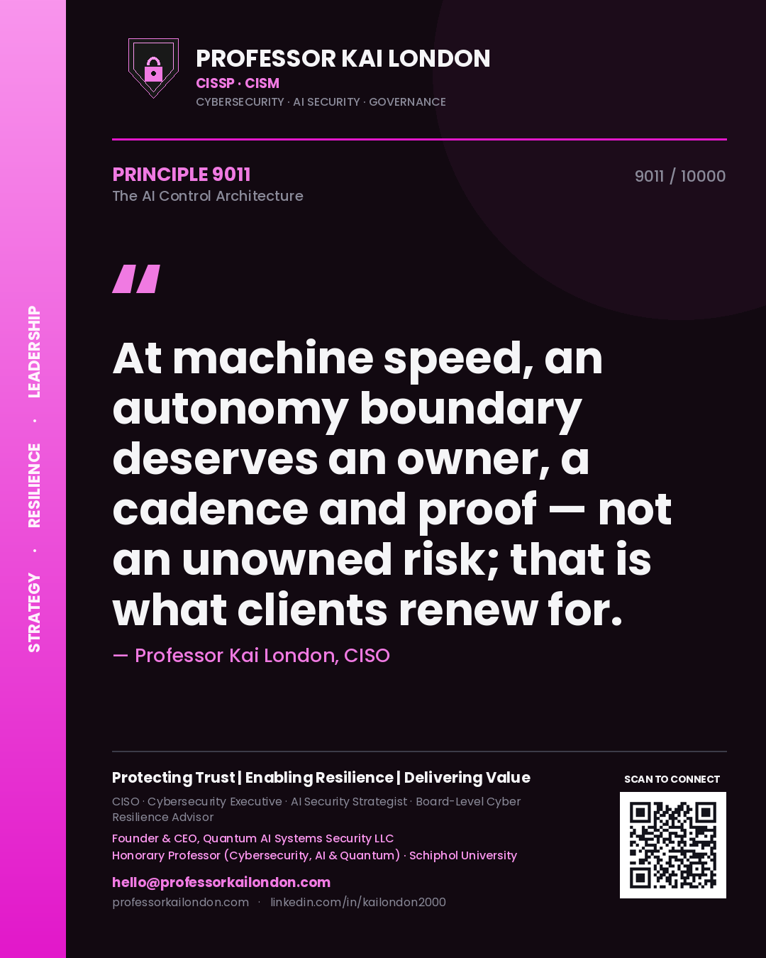 Professor Kai London principle 9011: At machine speed, an autonomy boundary deserves an owner, a cadence and proof — not an unowned risk; that is what clients renew for.