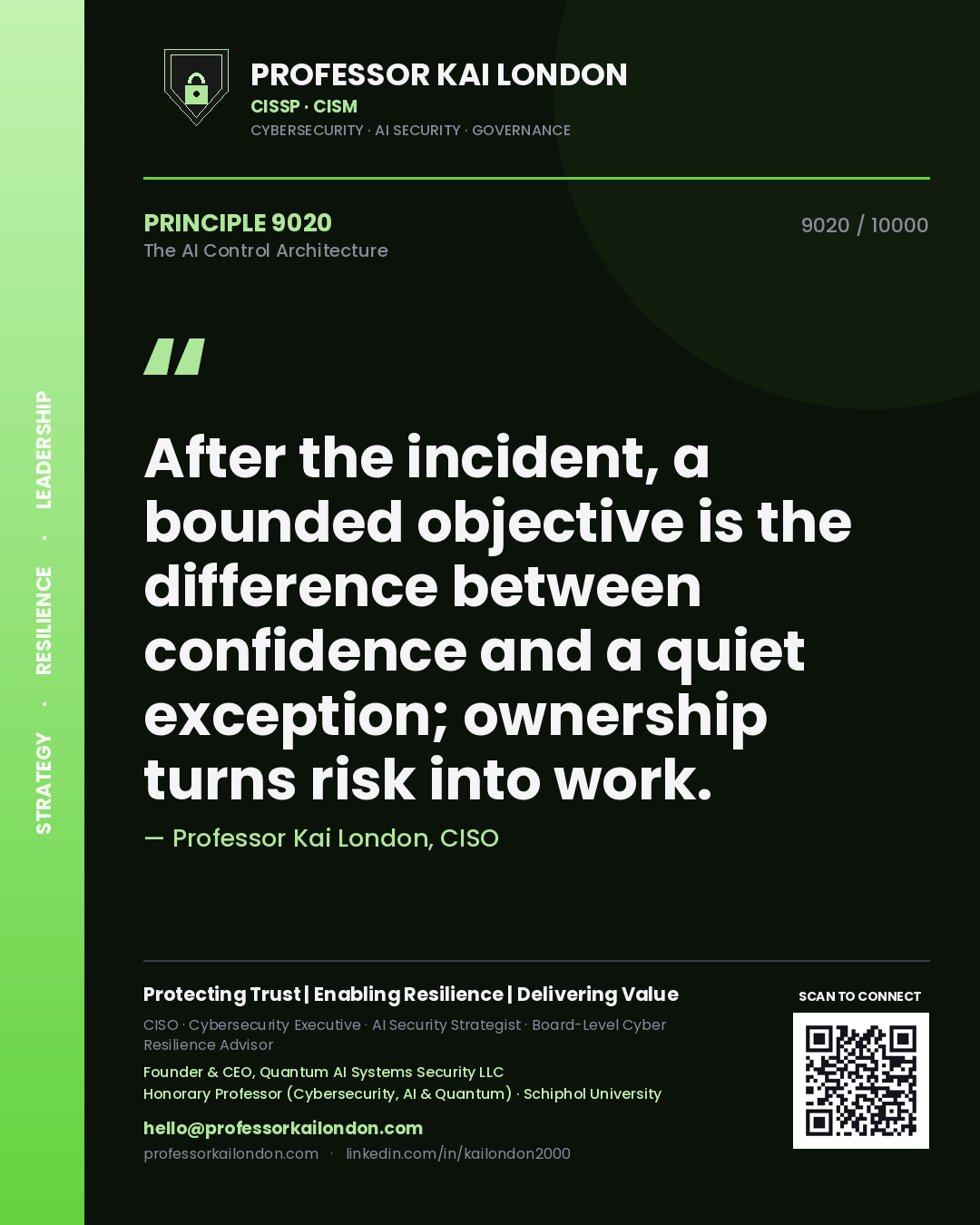 Quote card by Professor Kai London reading 'After the incident, a bounded objective is the difference between confidence and a quiet exception; ownership turns risk into work.'. From the book The AI Control Architecture.